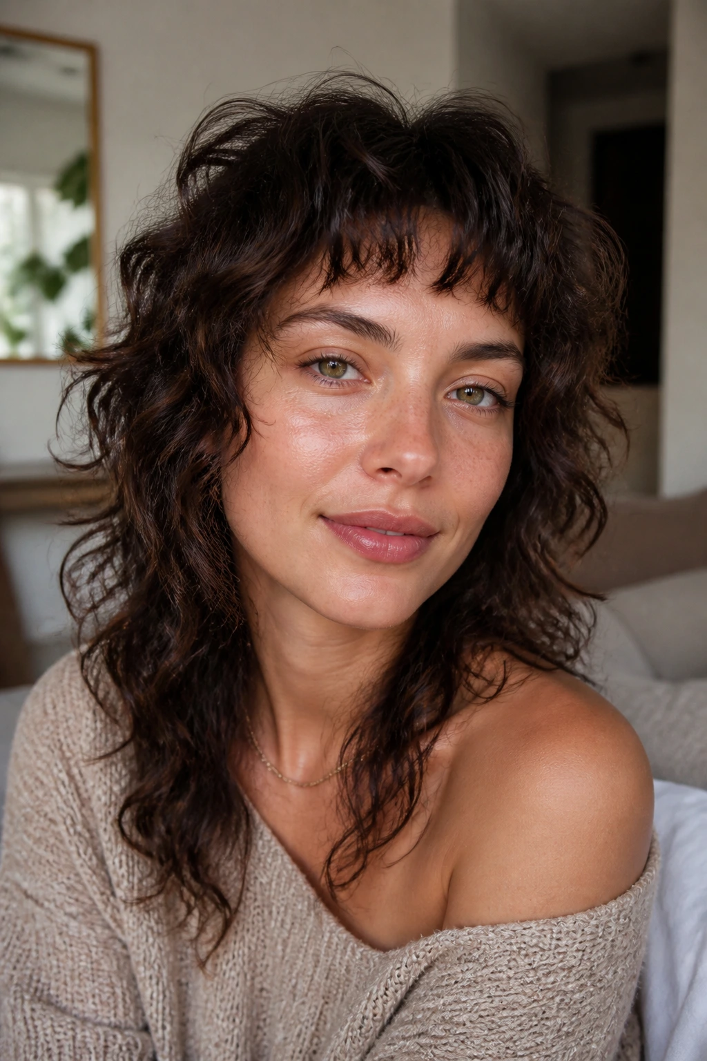 Close-up portrait of a real woman with curly shag and short fringe in soft daylight