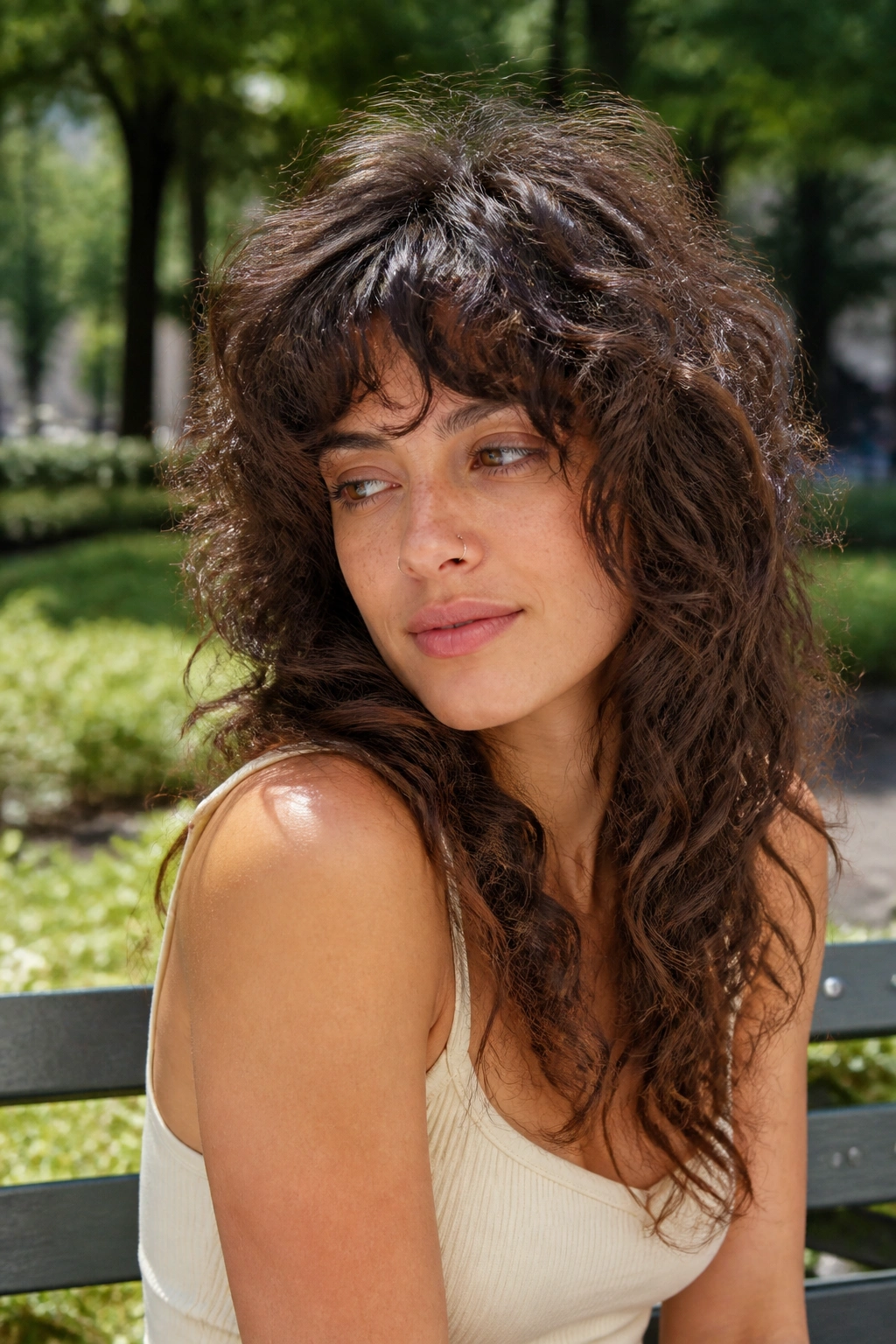 Portrait of a real woman with curly shag haircut, crown lifted for volume.