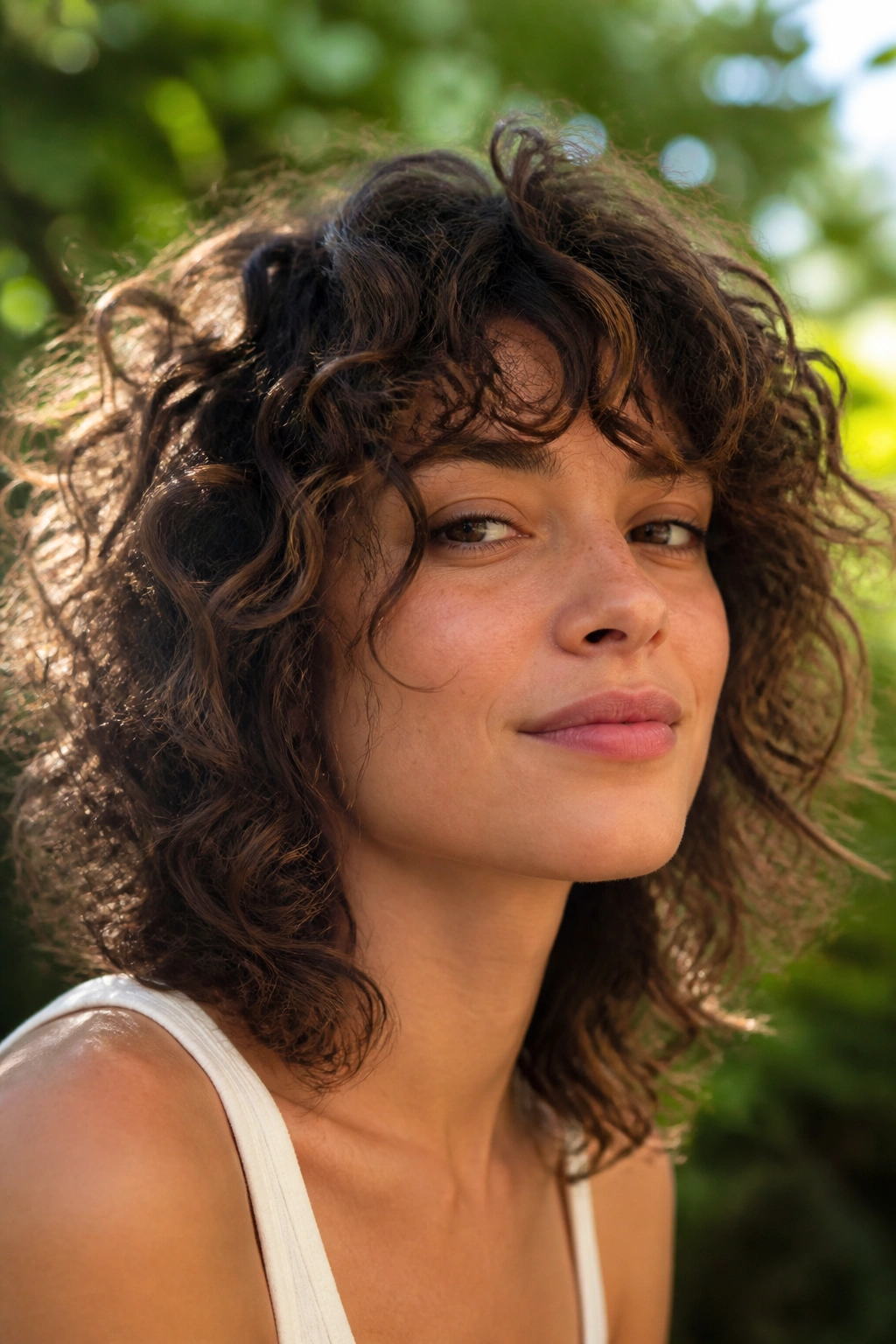 Close-up of a real woman with curly shag hairstyle in outdoor morning light