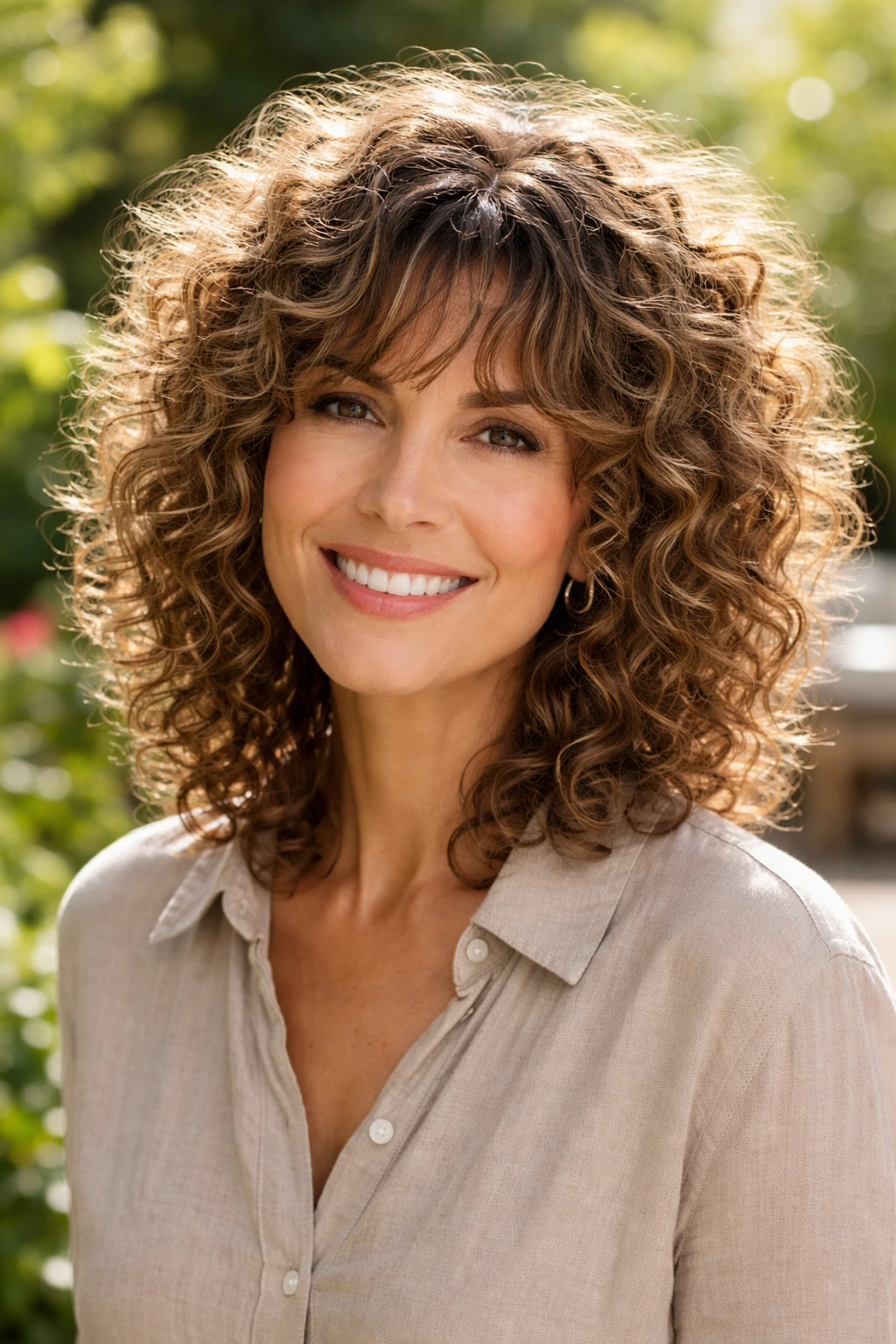 Close-up of a woman with a curly shag hairstyle