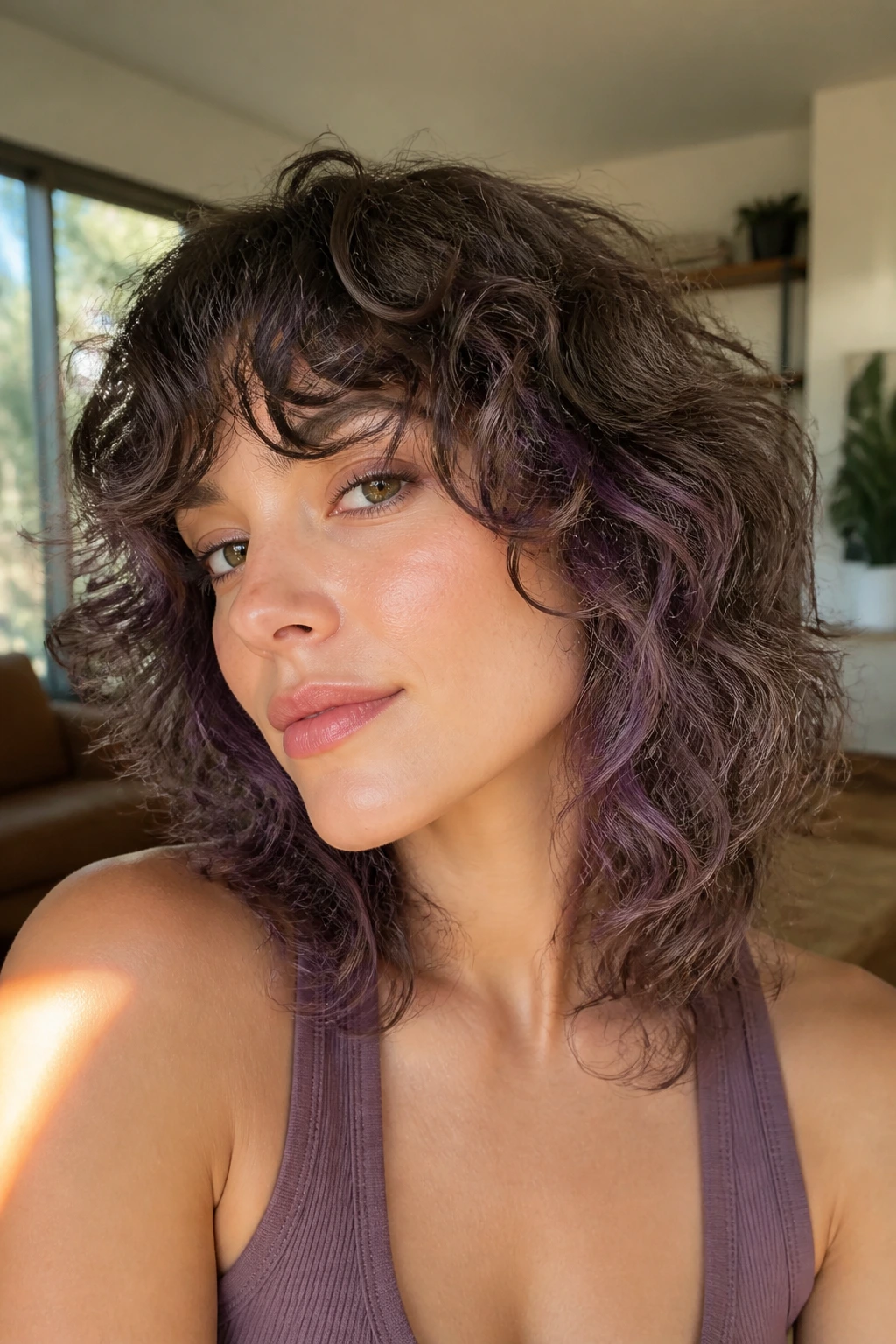 Close-up of a real woman with curly shag and hidden lilac lowlights