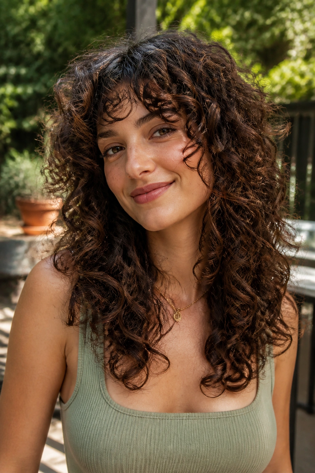 Close-up of a real woman with curly shag showing defined curls