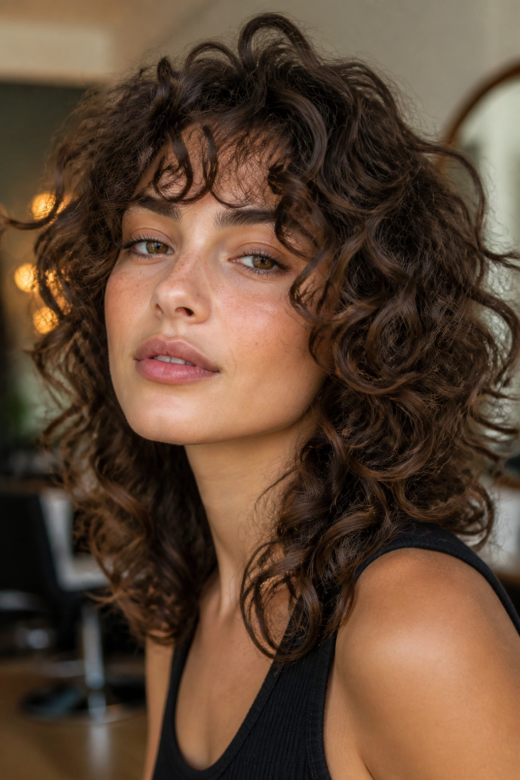 Close-up of a real person with curly shag featuring face-framing layers and crown lift