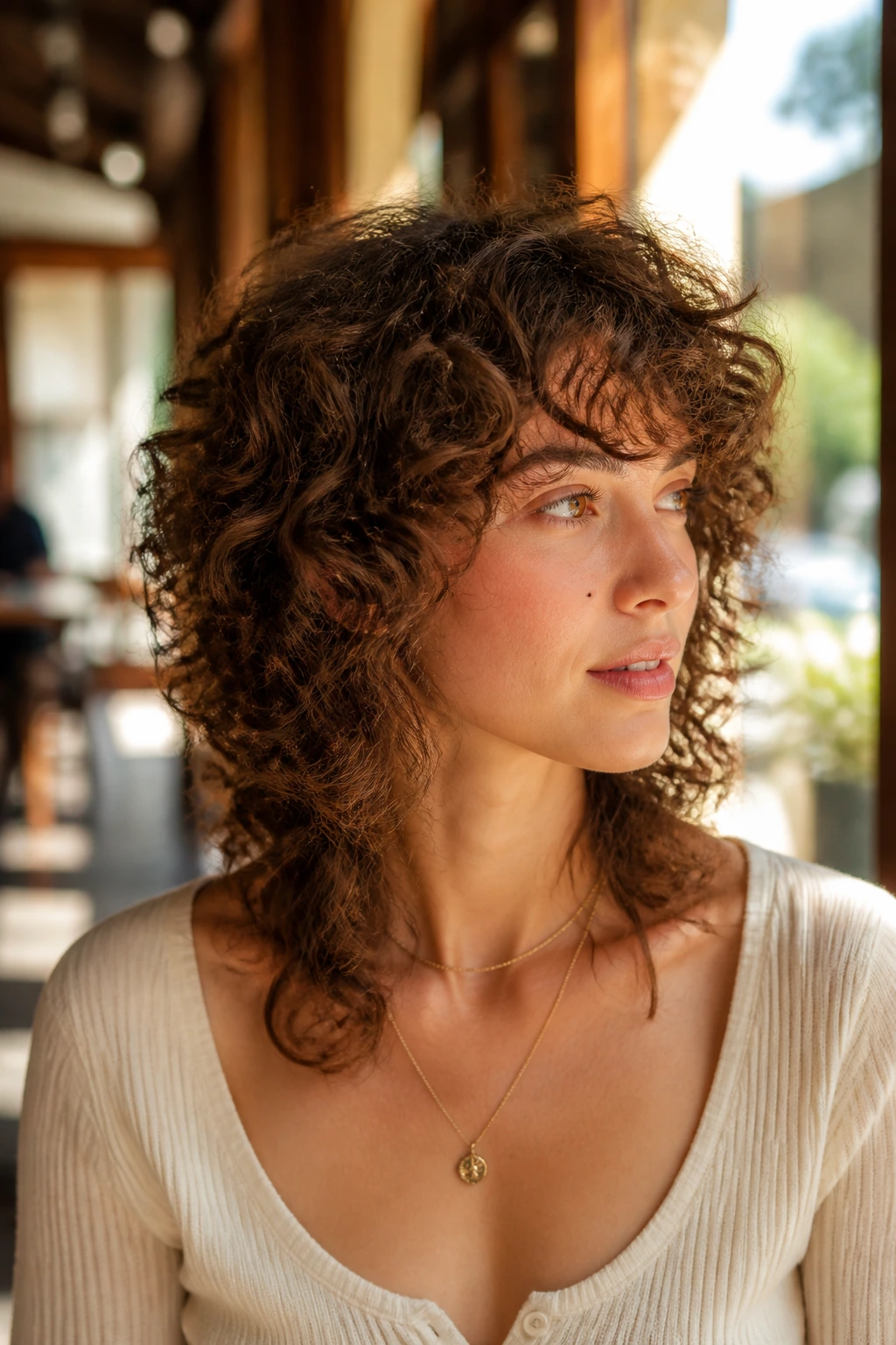 Close-up of a real person with curly shag and airy layered cut.