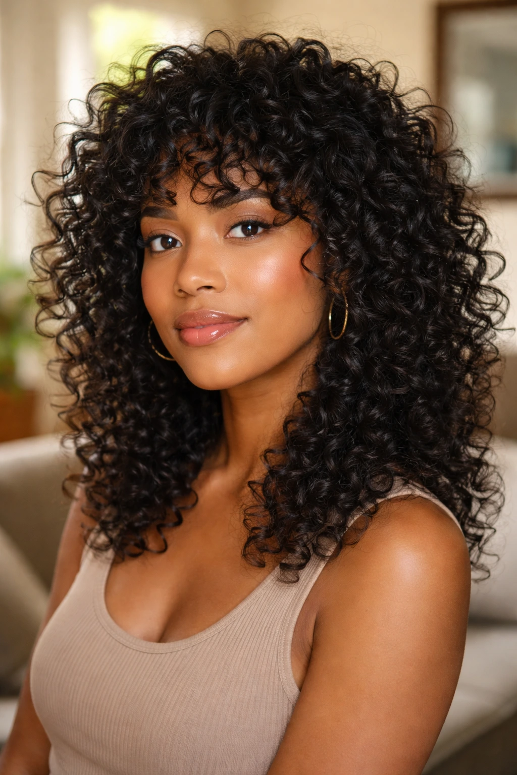 Close-up of a real woman with a curly shag with layers, crown lift and face-framing waves