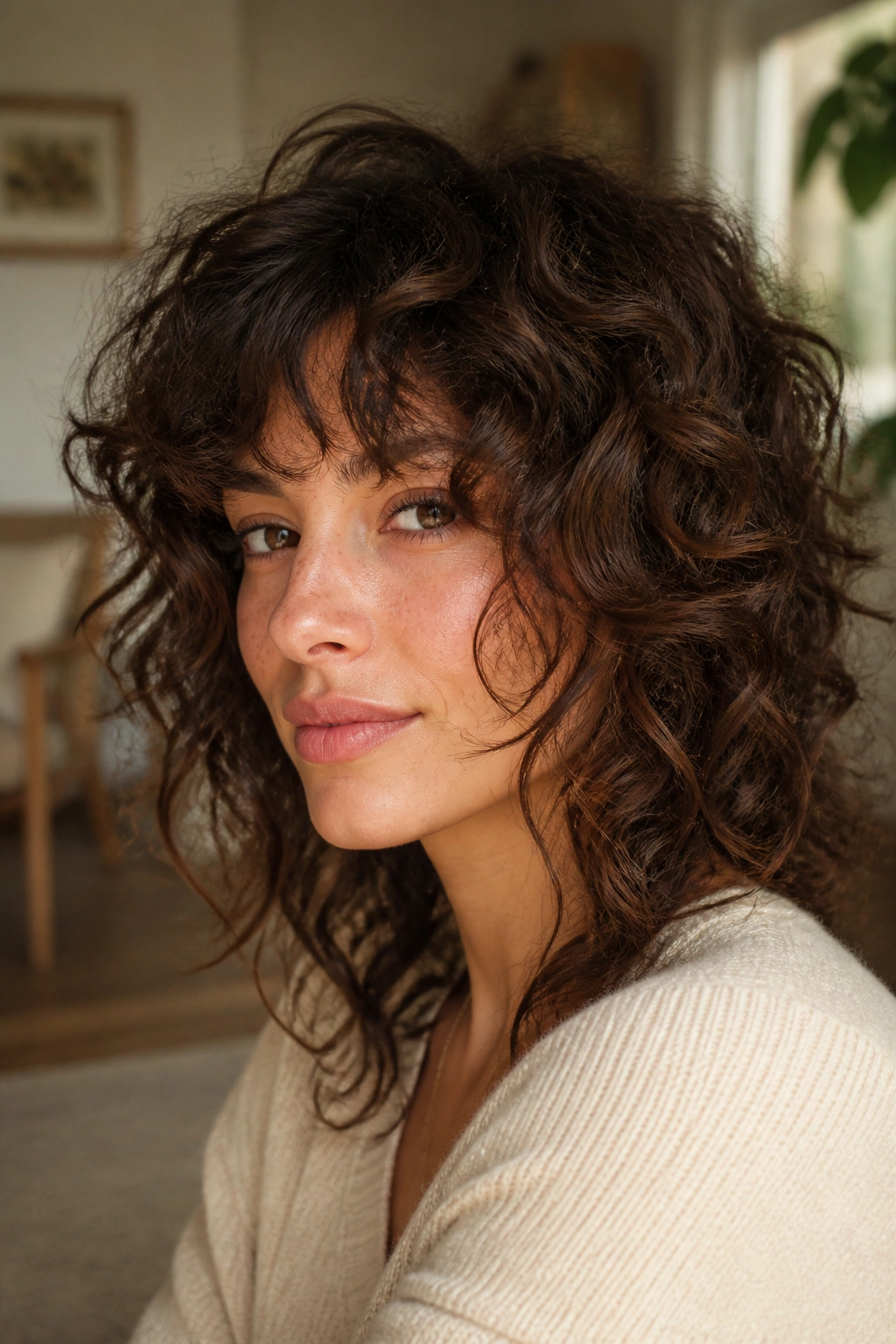 Real woman with curly shag hairstyle featuring piecey front layers.