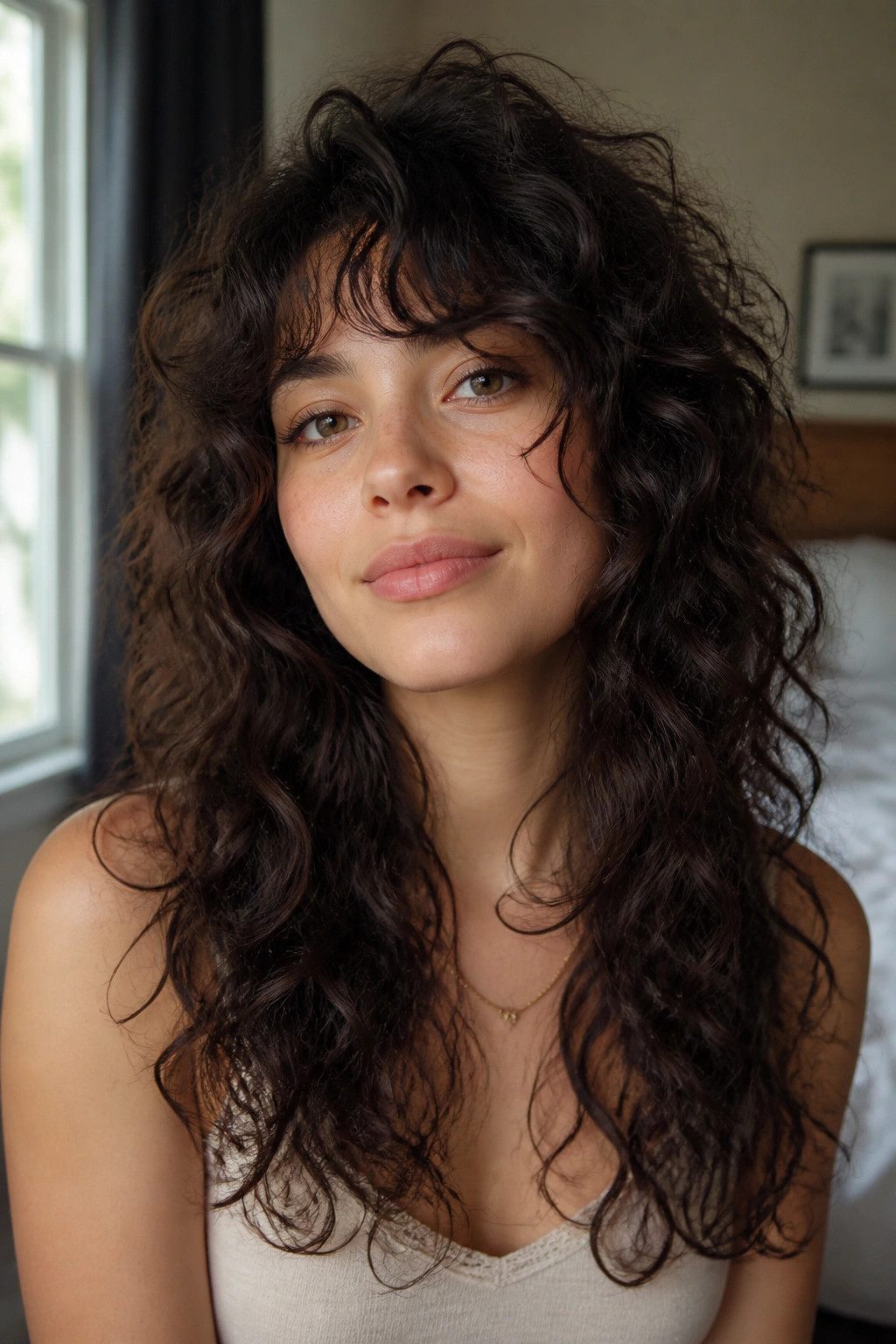 Close-up portrait of a woman with curly long shag keeping shape light, defined curls and soft layers