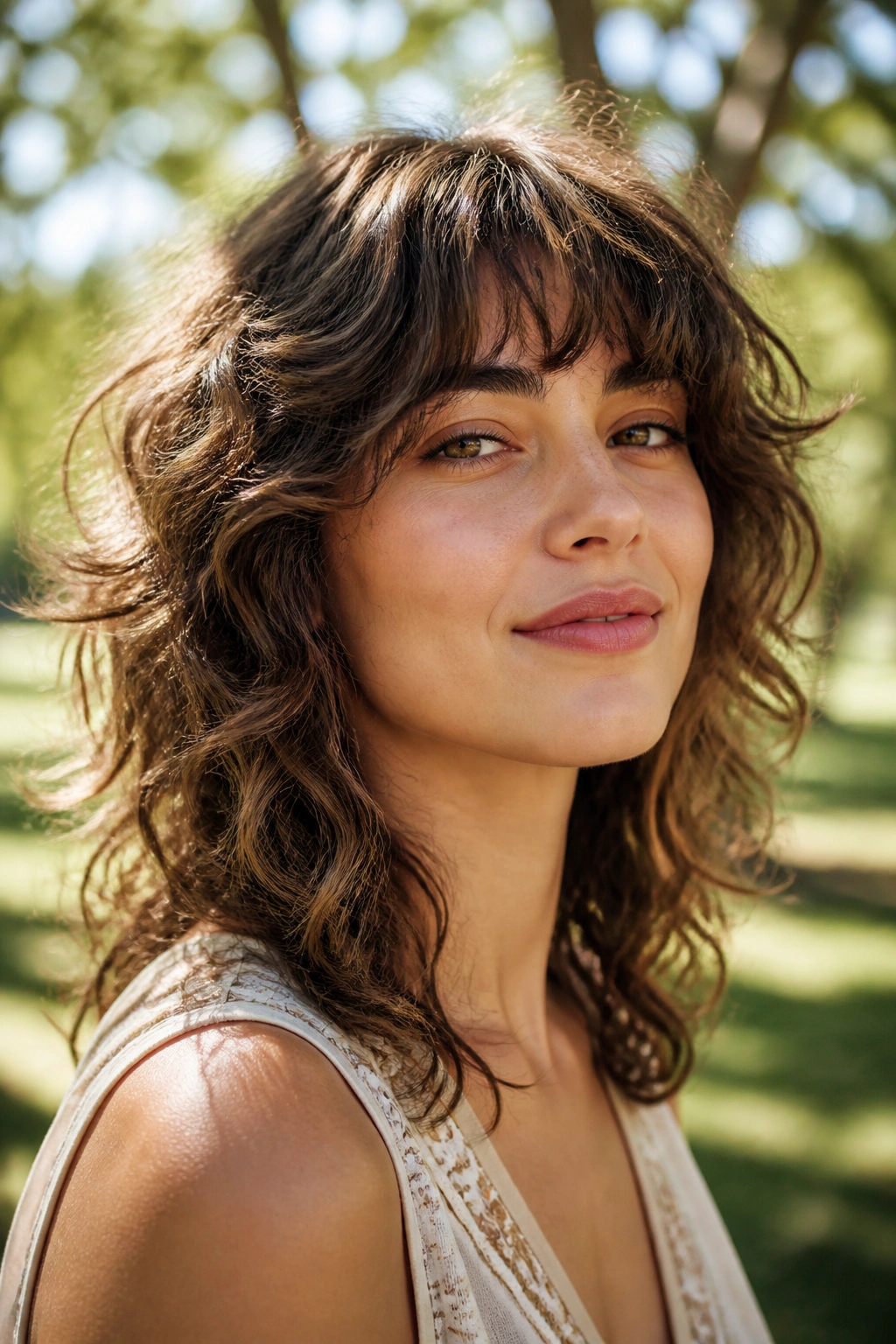 Real woman with curly shag on loose waves showing short crown layers