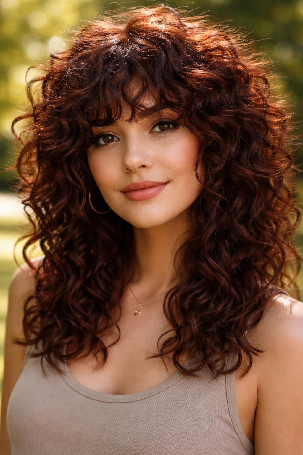 Close-up of a real woman with curly mahogany shag and curly bangs in a sunlit outdoor setting.