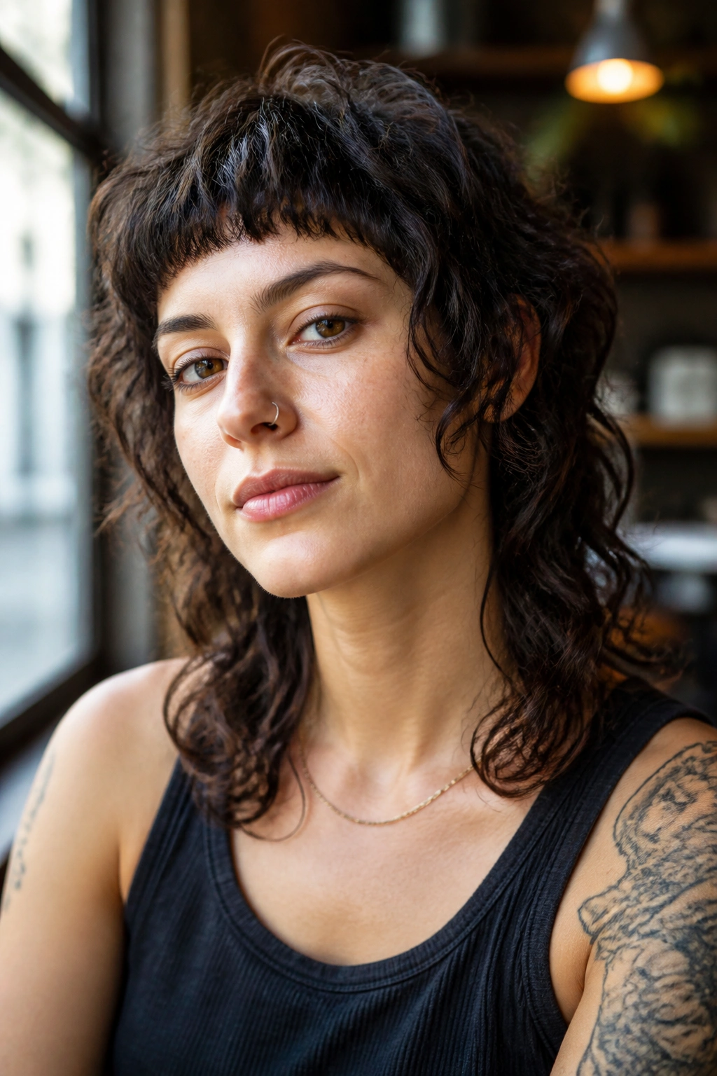 Close-up of real person with curly shag mullet and micro fringe in cafe-like setting