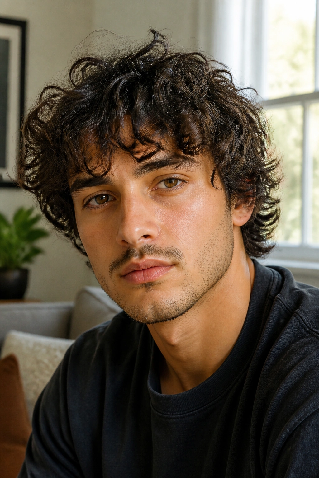 Close-up portrait of a man with curly shag showing natural curl texture