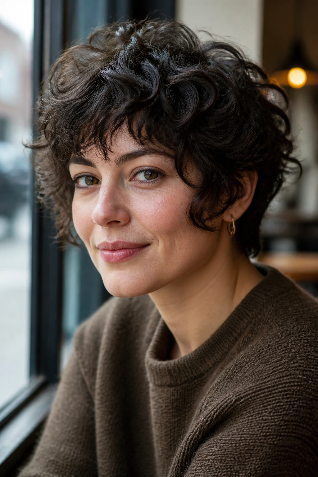Close-up portrait of a real person with curly shag pixie and cheekbone layers