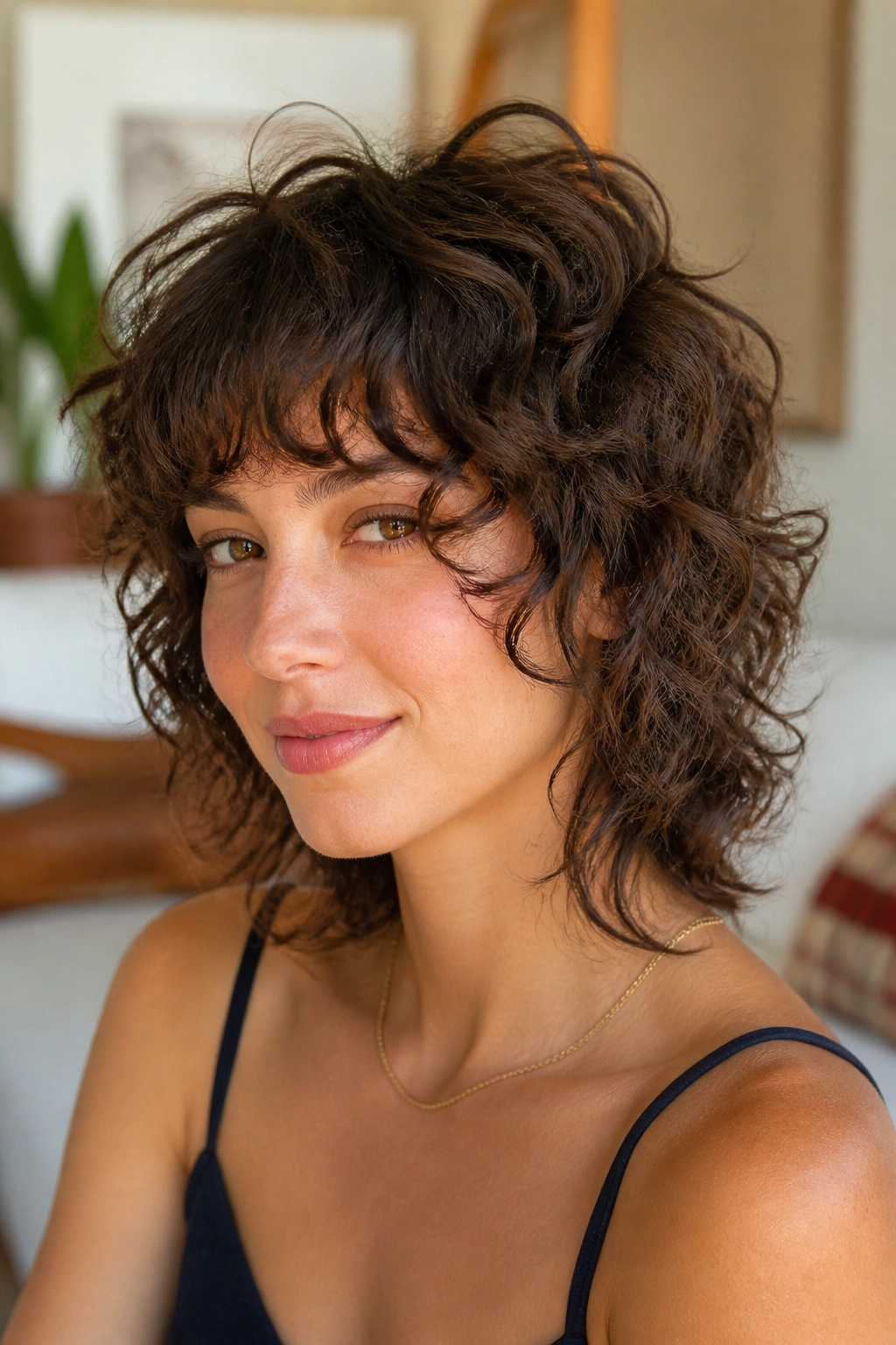 Portrait of a woman with curly shag cut, lift at crown