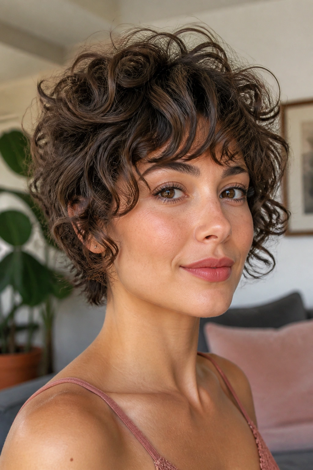 Close-up of a woman with a curly short shag hairstyle indoors with soft lighting.
