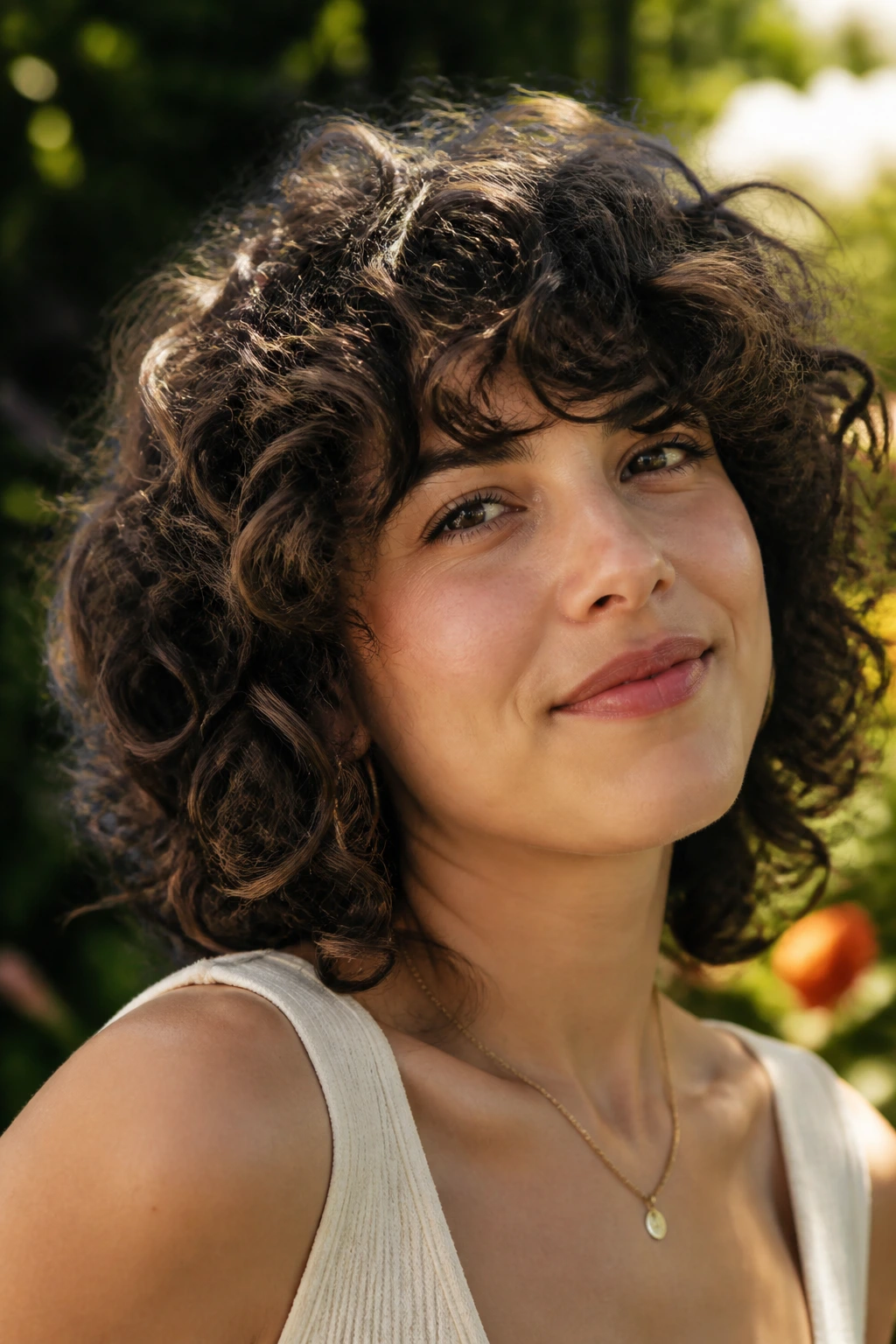 Close-up of a woman displaying a curly shag with a rounded silhouette outdoors.