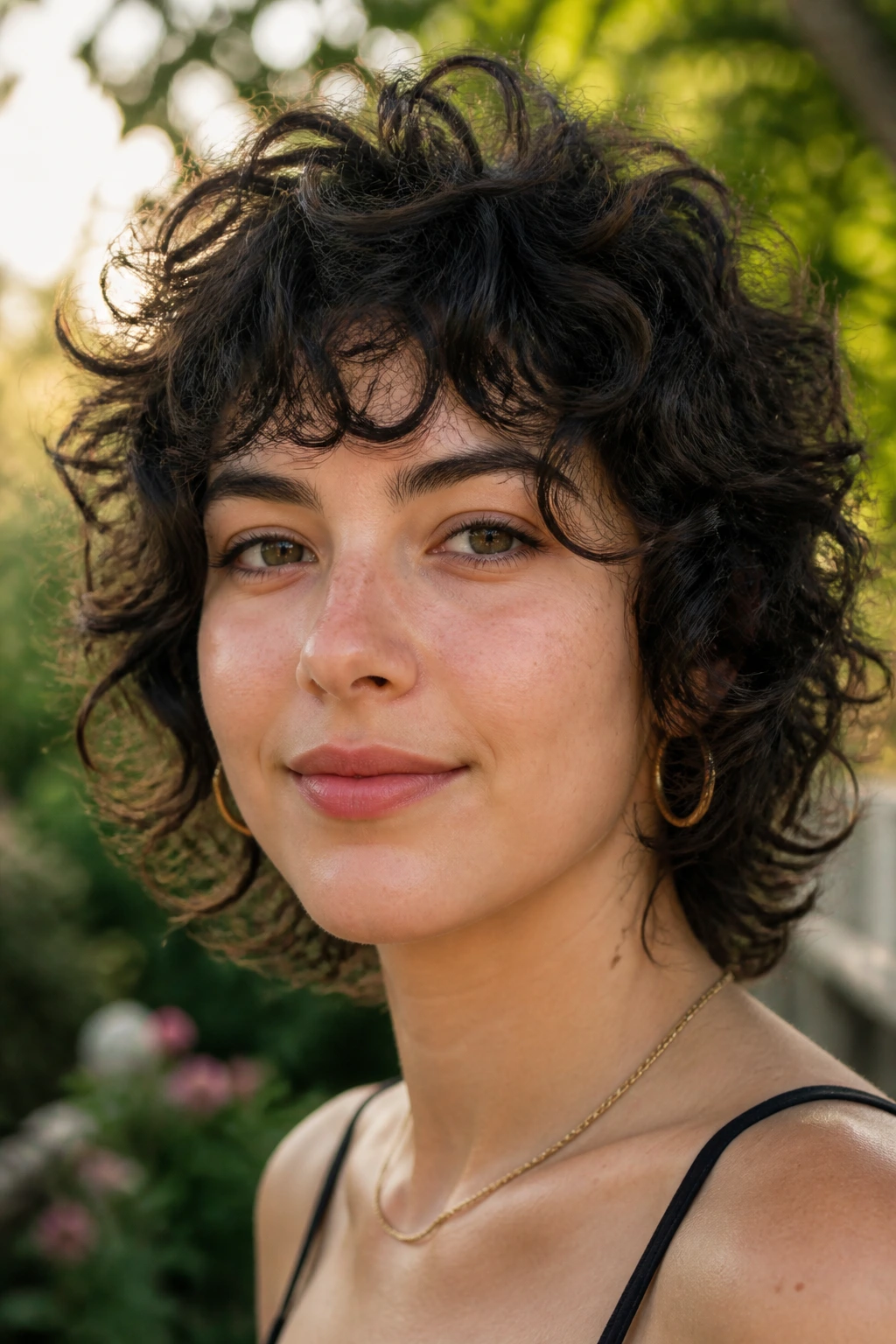 Close-up of real woman with curly shag and short crown layers in sunlit setting