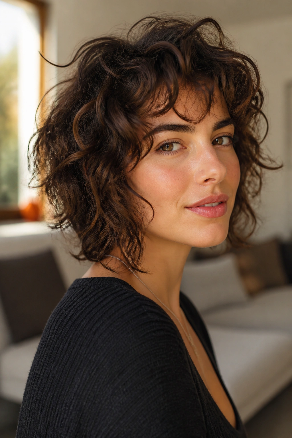 Close-up portrait of a real woman with curly shag with soft layers and face-framing curls.