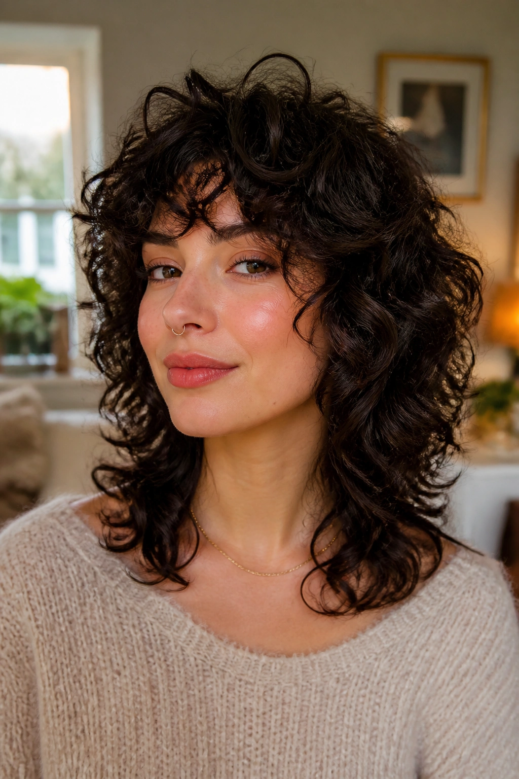 Portrait of a real person with curly shag hairstyle and natural texture