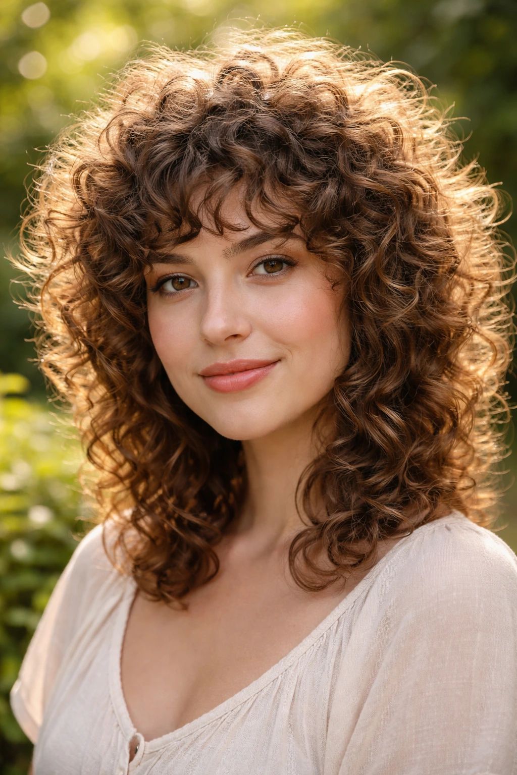 Real woman with Curly Shag hairstyle in a sunlit garden.