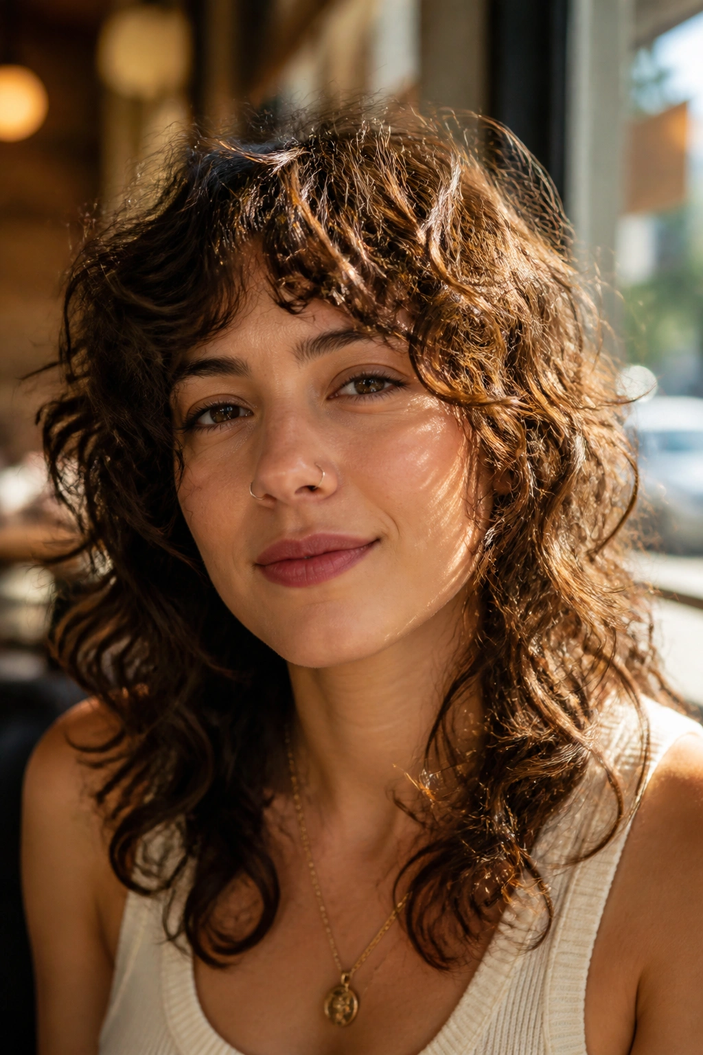 Close-up of a real woman with a curly shag and voluminous waves