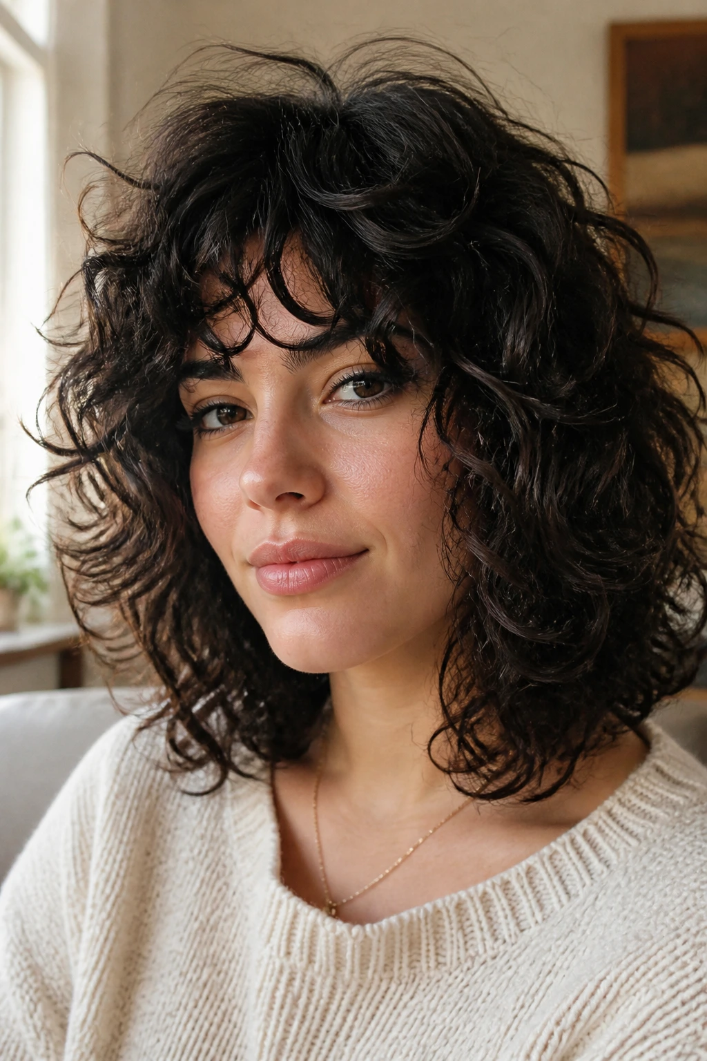Close-up portrait of a real woman with curly shaggy lob at collarbone length