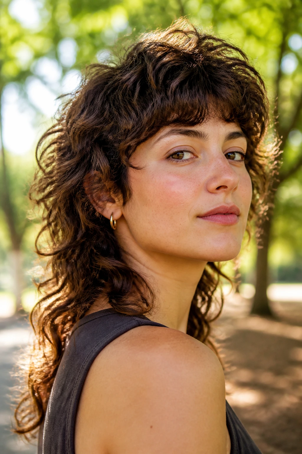 Close-up portrait of a real woman with curly shaggy mullet and airy layers outdoors