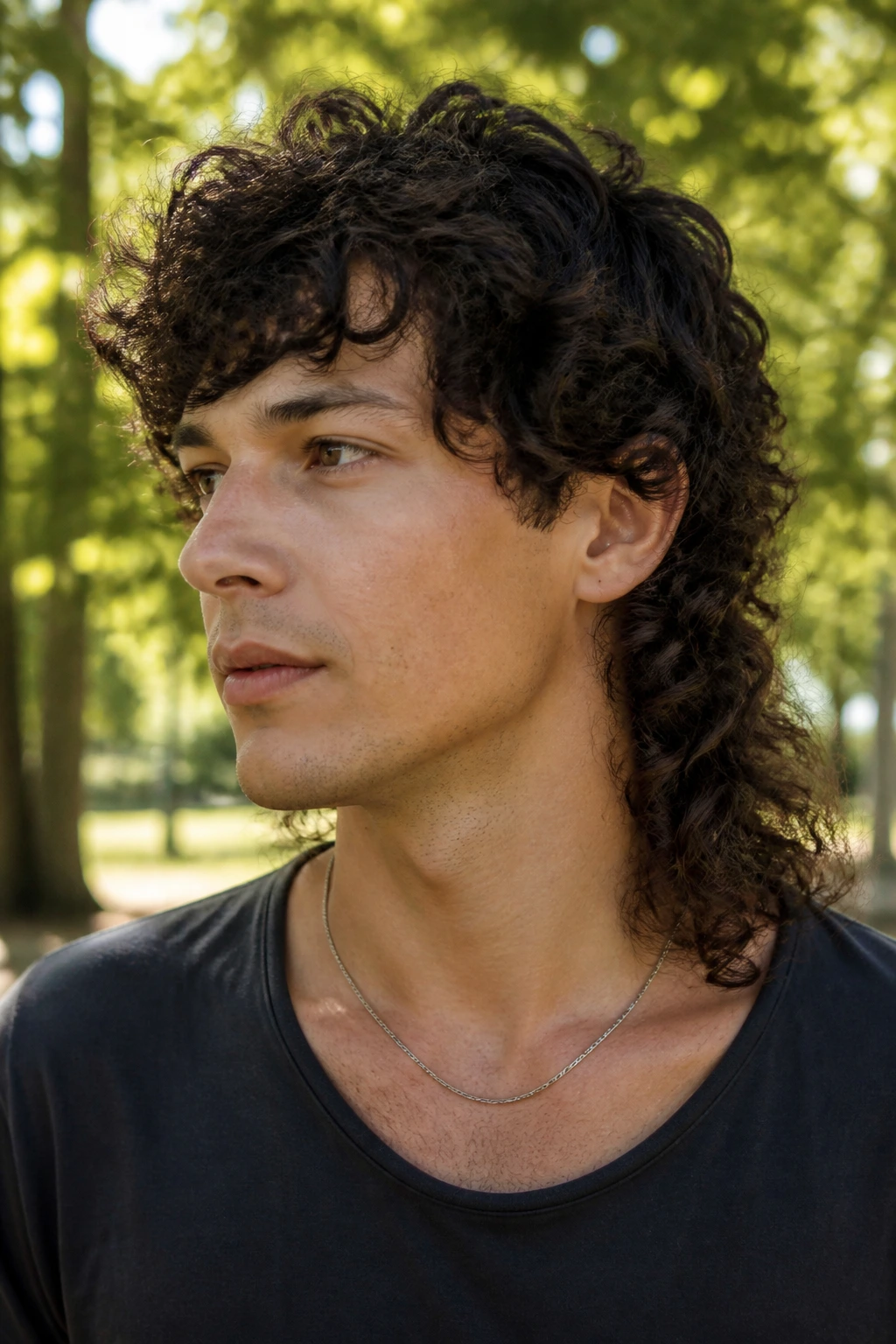 Close-up portrait of a real person with curly shaggy mullet in natural sunlight