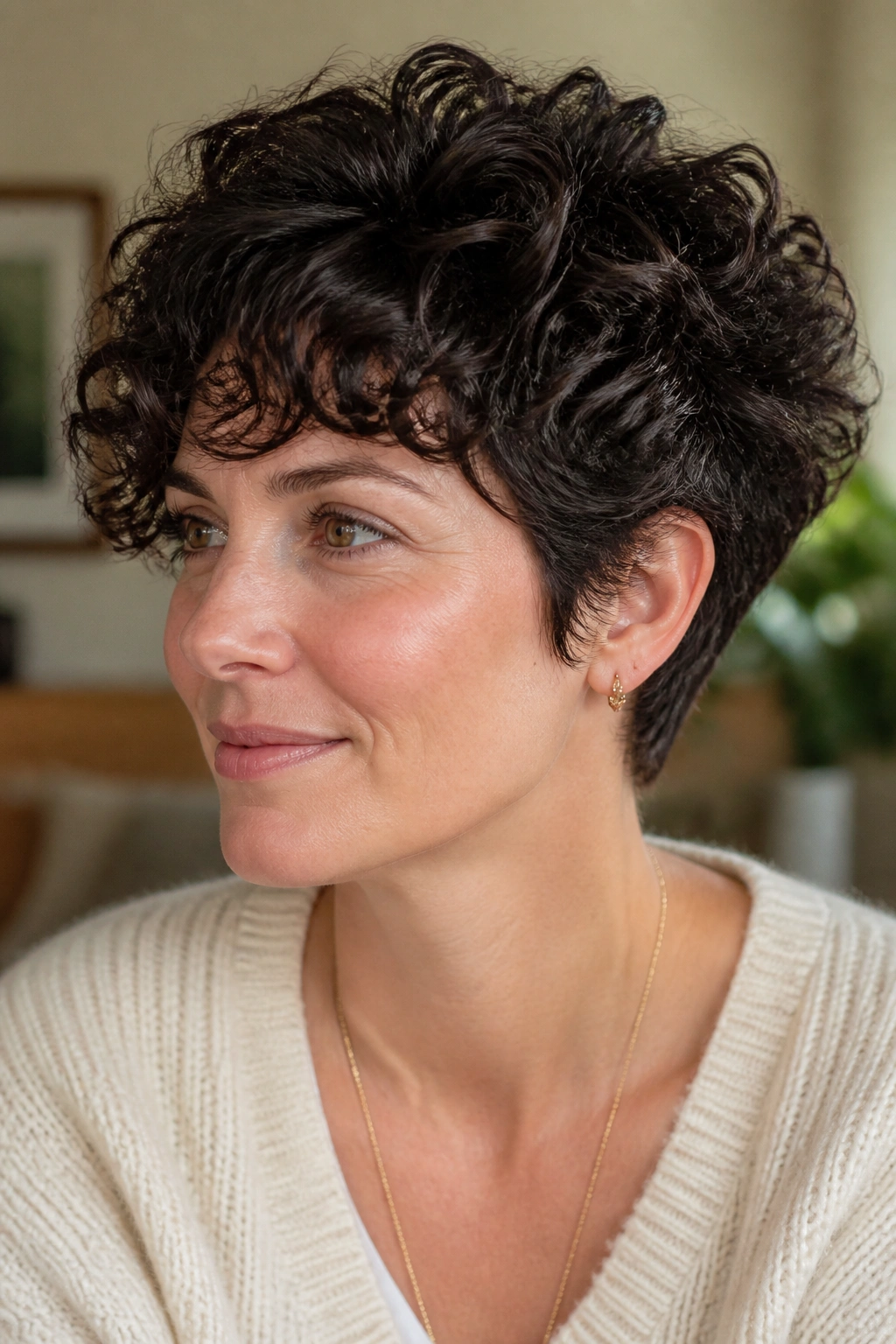 Close-up of a real woman with a short curly cut for thick wavy hair.