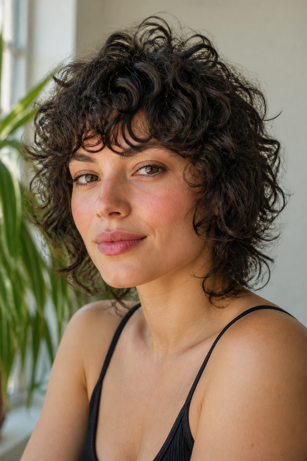 Close-up portrait of a real woman with curly short shag