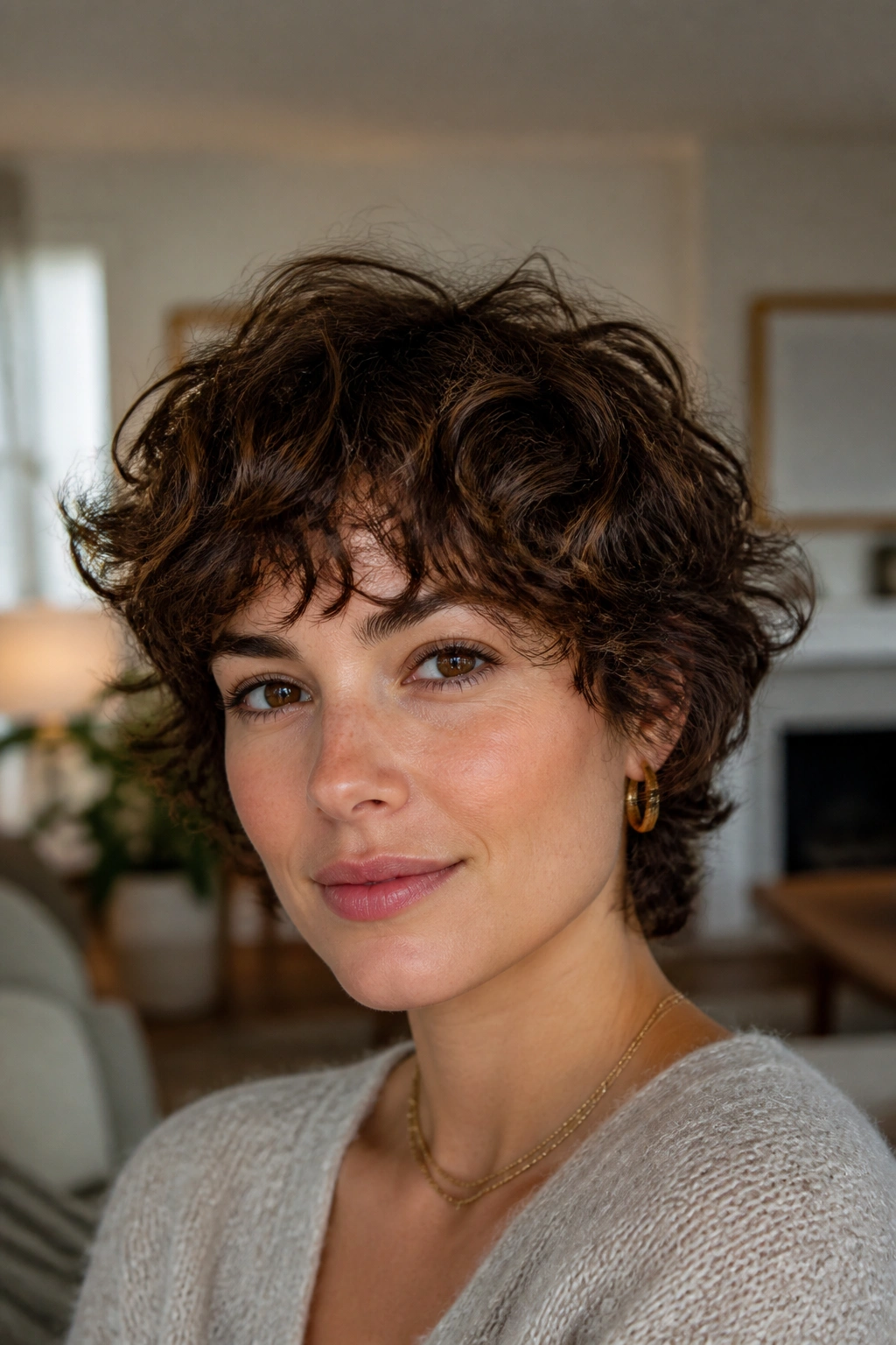 Portrait of a real person with a curly short shag hairstyle in a cozy living room.