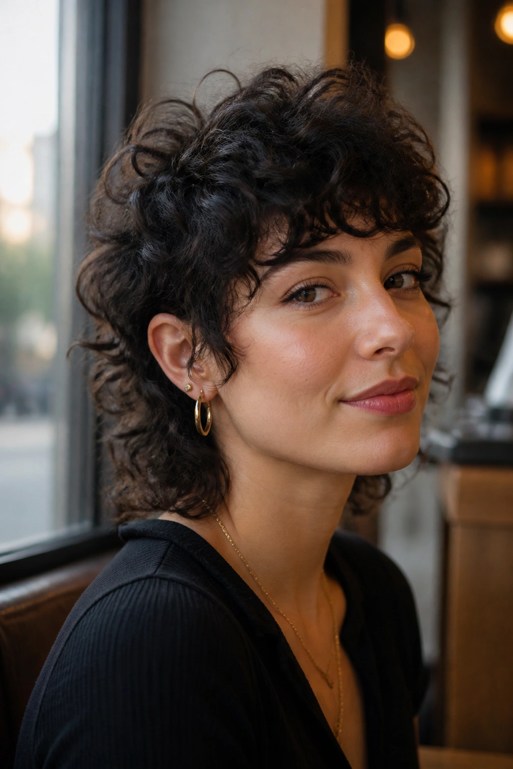 Close-up of a real woman with a curly short wolf cut