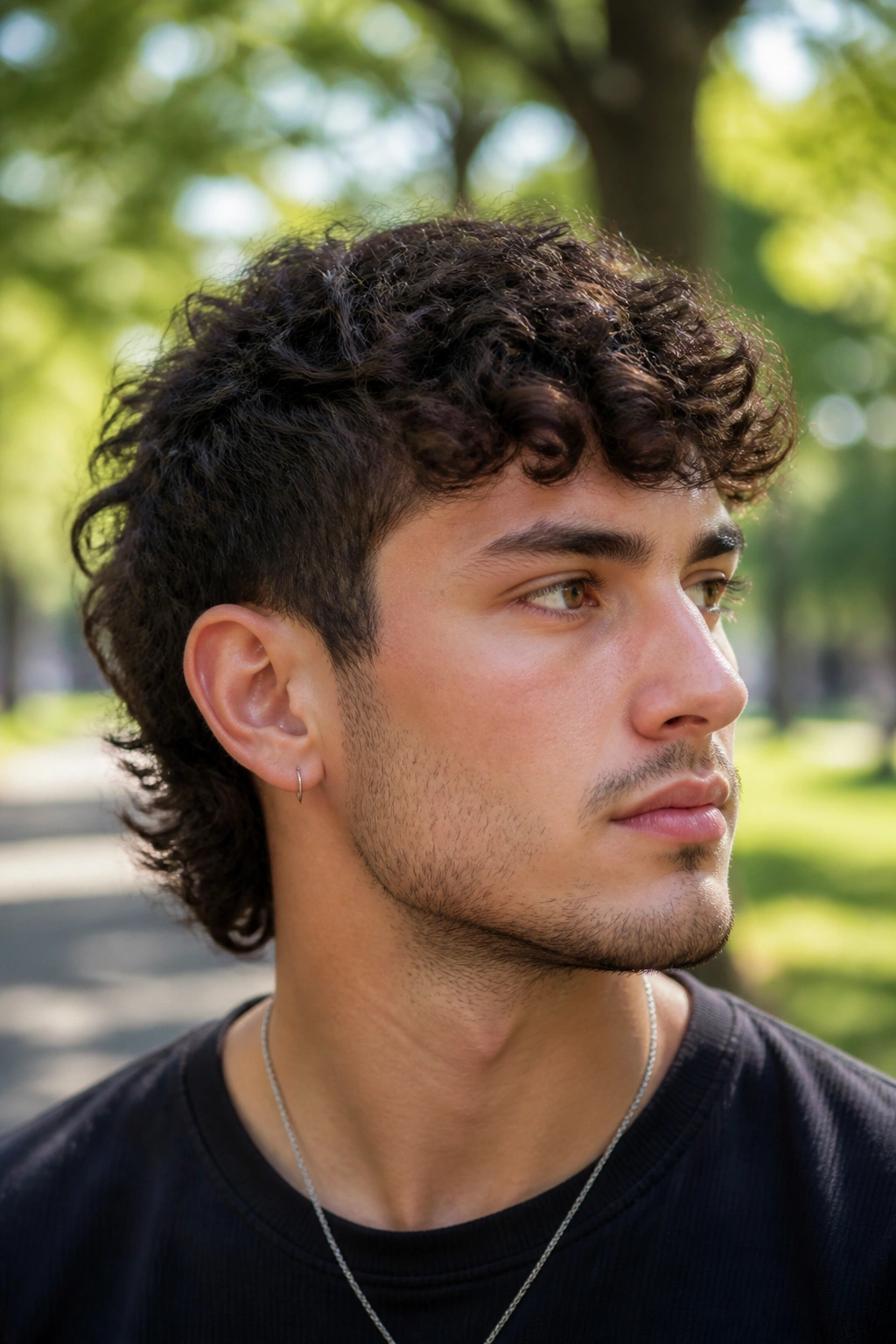 Close-up portrait of a man with curly short wolf cut, curls stacked on top and crown heavier.