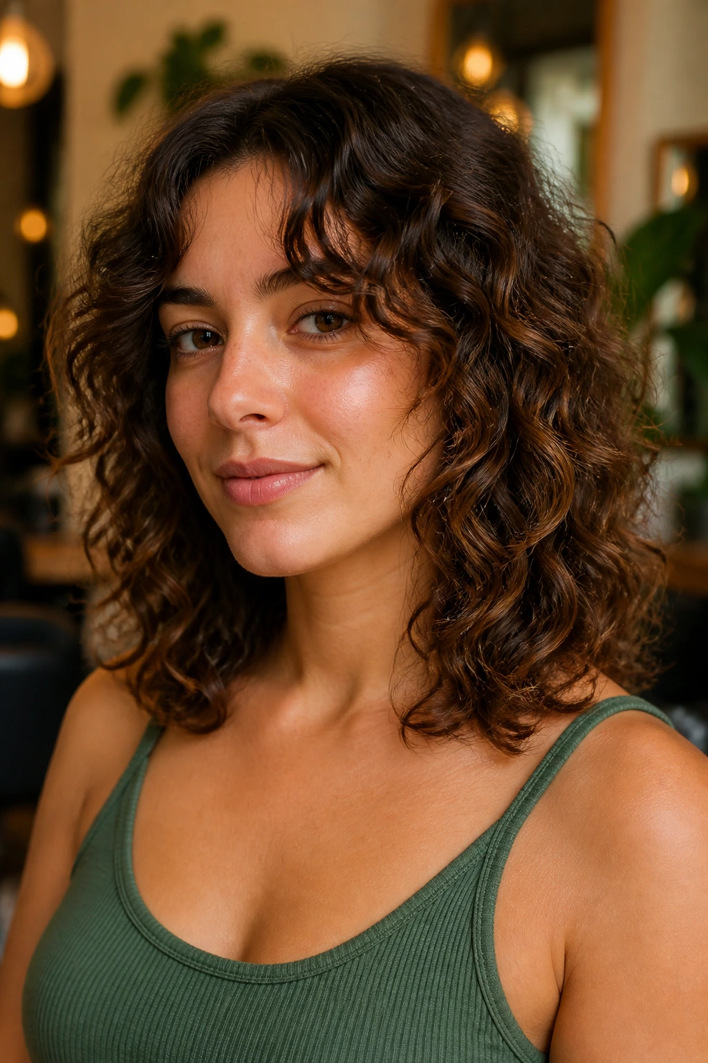 Portrait of a real woman with shoulder-length curly hair and face-framing layers.