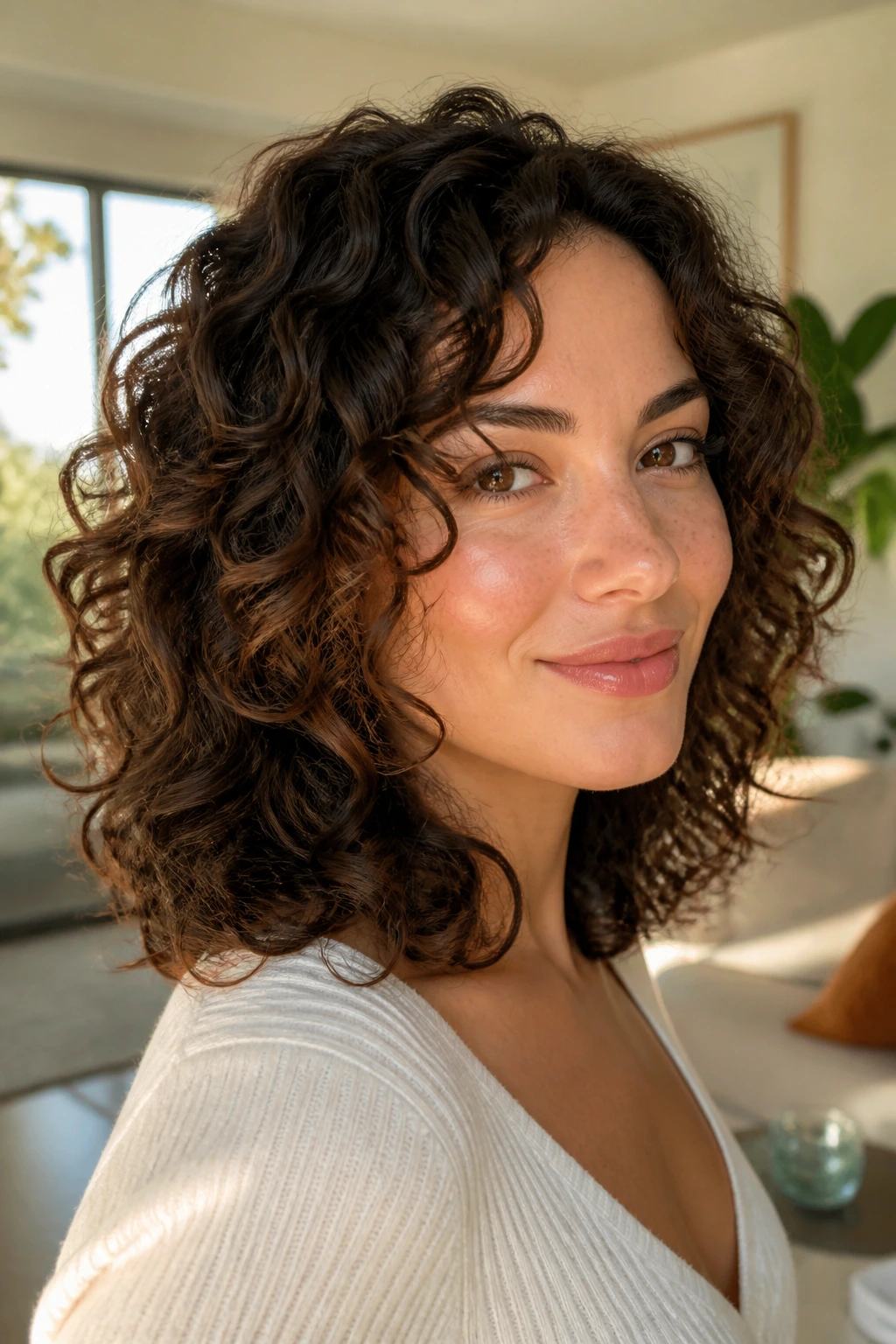 Real woman with shoulder-length curls and defined layers.