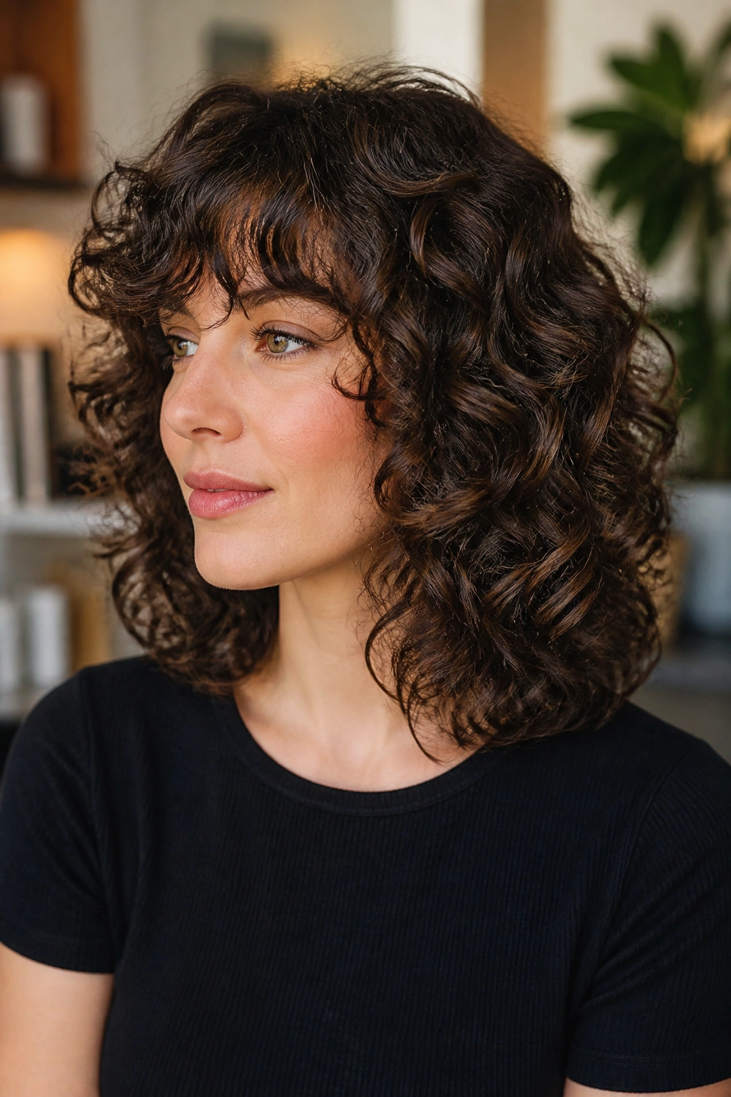 Real woman with curly shoulder-length shape created by dry cutting