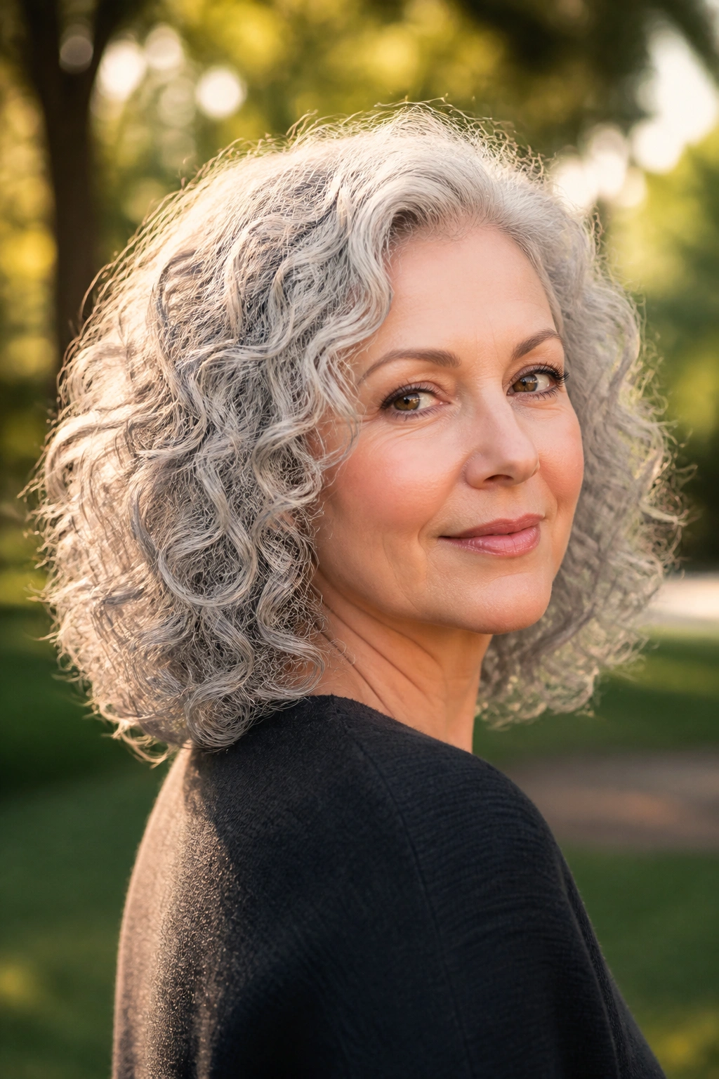 Close-up portrait of a real woman with shoulder-length silver curls tapered at the ends in outdoor light