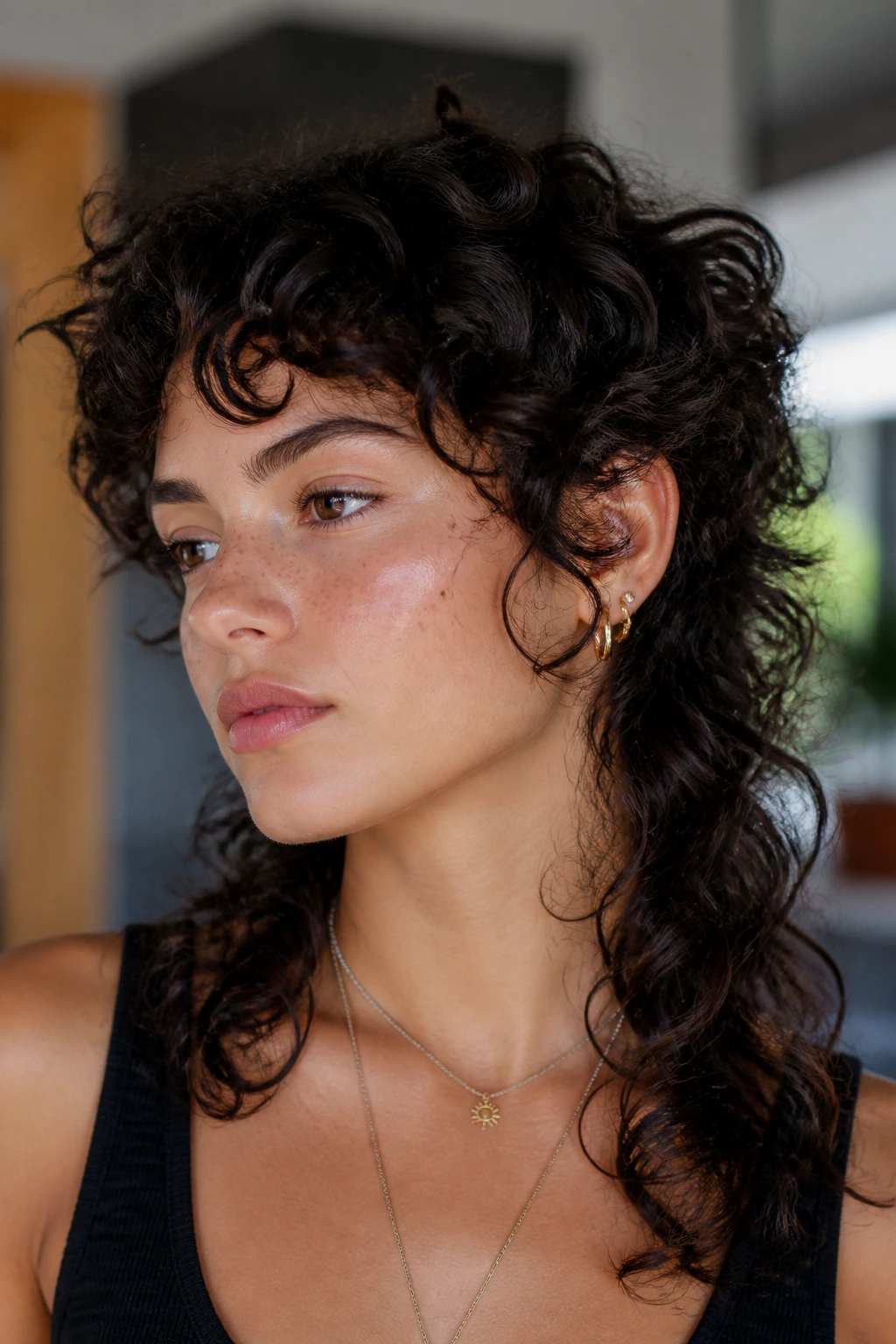 Close-up of a real person with curly shullet showing top lift and longer back