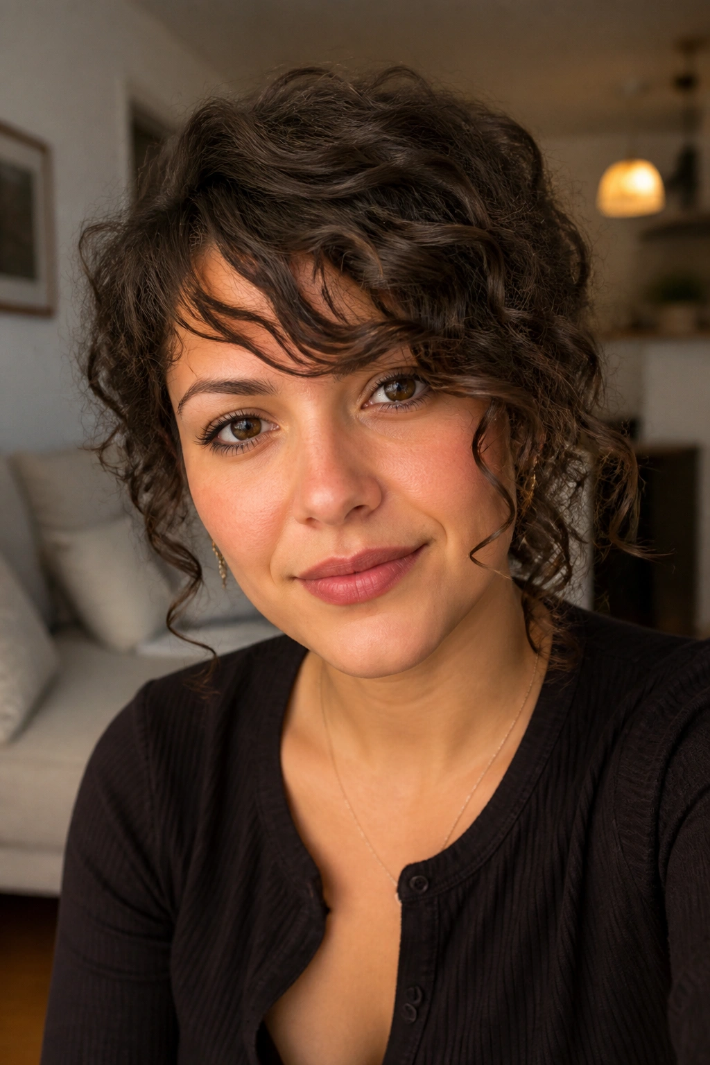 Close-up of a real woman with curly side bangs falling softly across the forehead