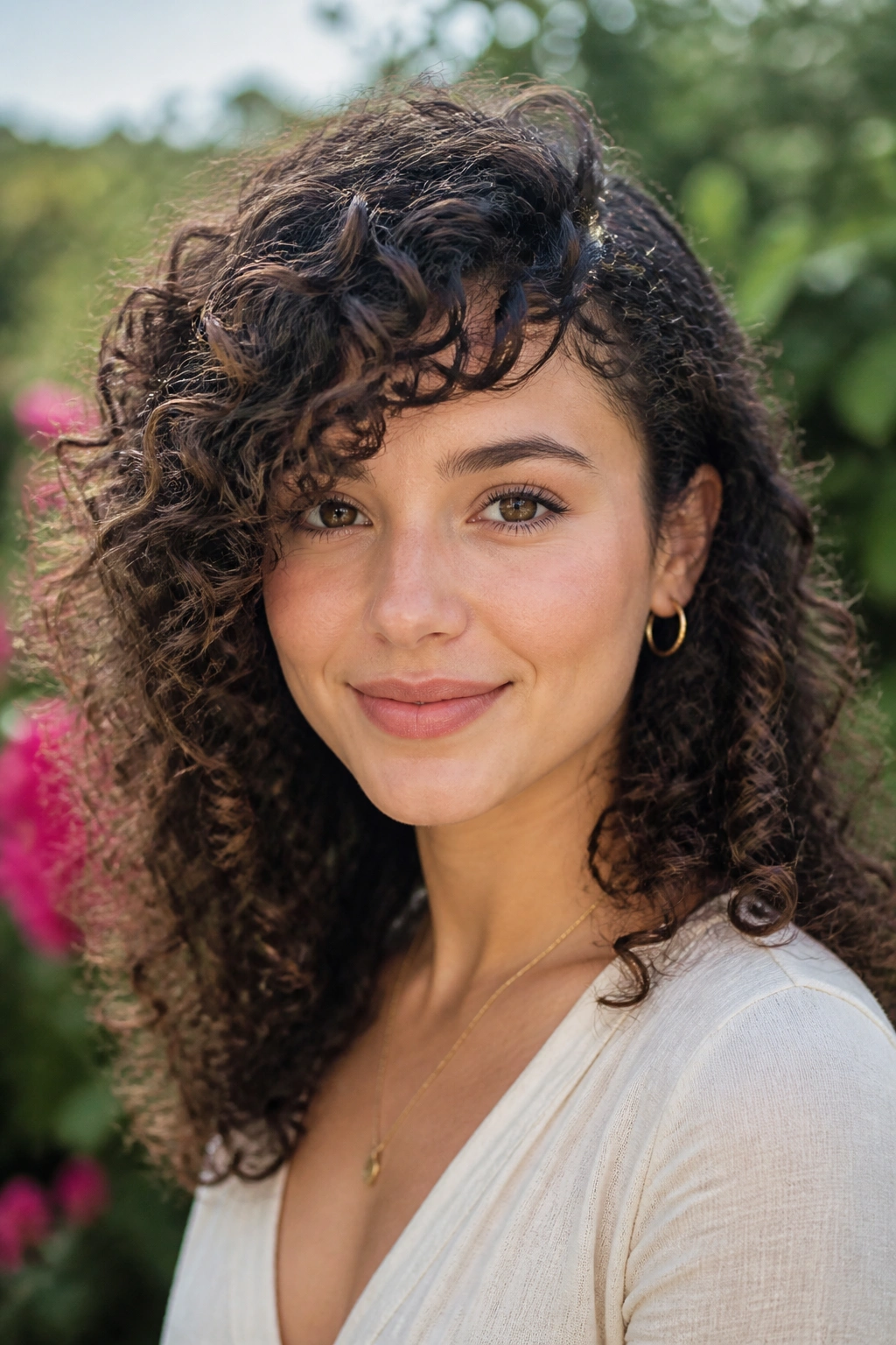 Medium close-up of a real woman with curly side swept bangs following curl pattern in natural garden light