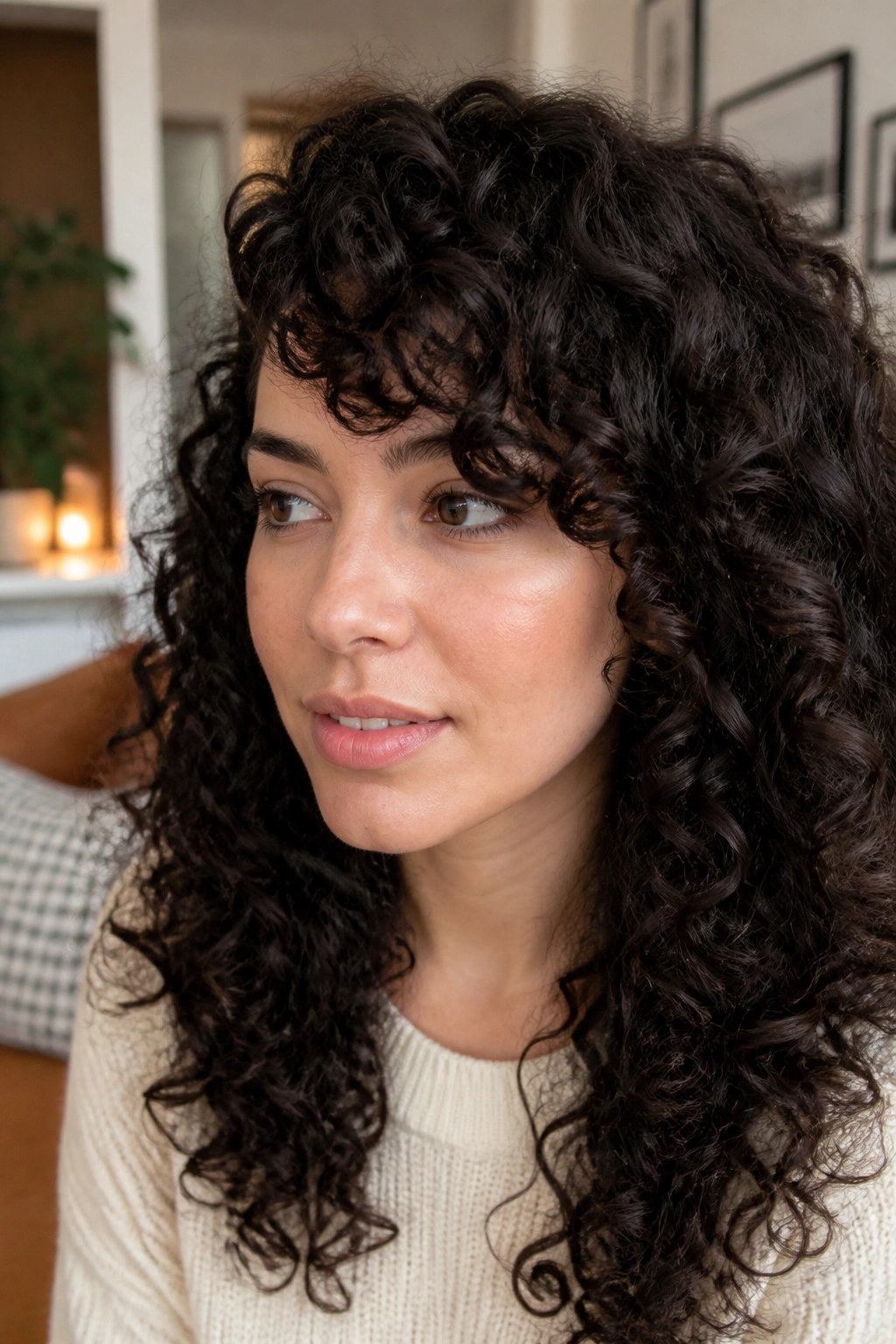 Portrait of a person with curly side bangs in a cozy room