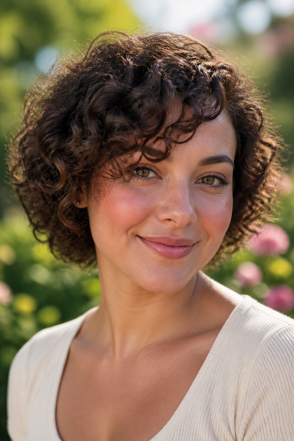 Close-up of a person with curly hair and side bangs on a round face