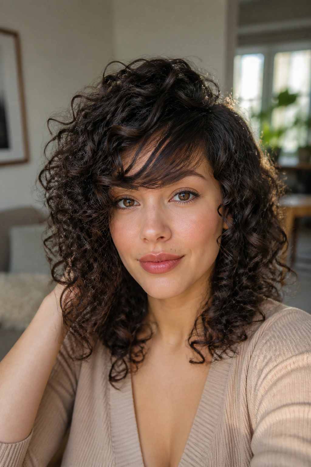 Close-up portrait of a real woman with curly hair and side-swept fringe