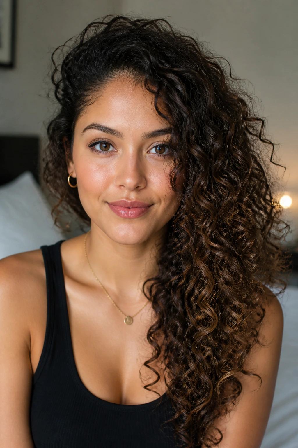 Close-up portrait of a real woman with curly hair swept to the side for natural texture and deep side part