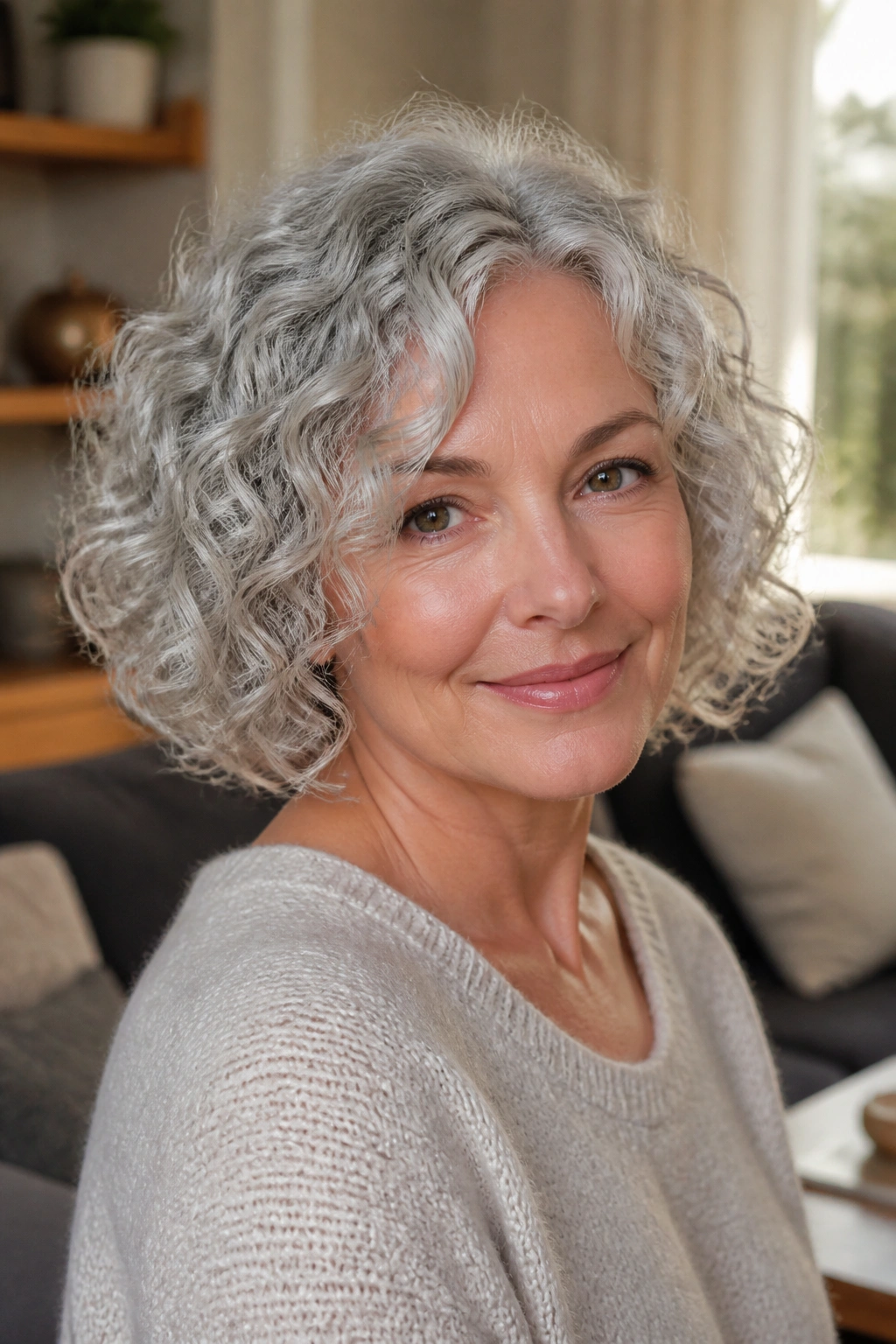 Close-up portrait of a real woman with curly silver bob and defined curls