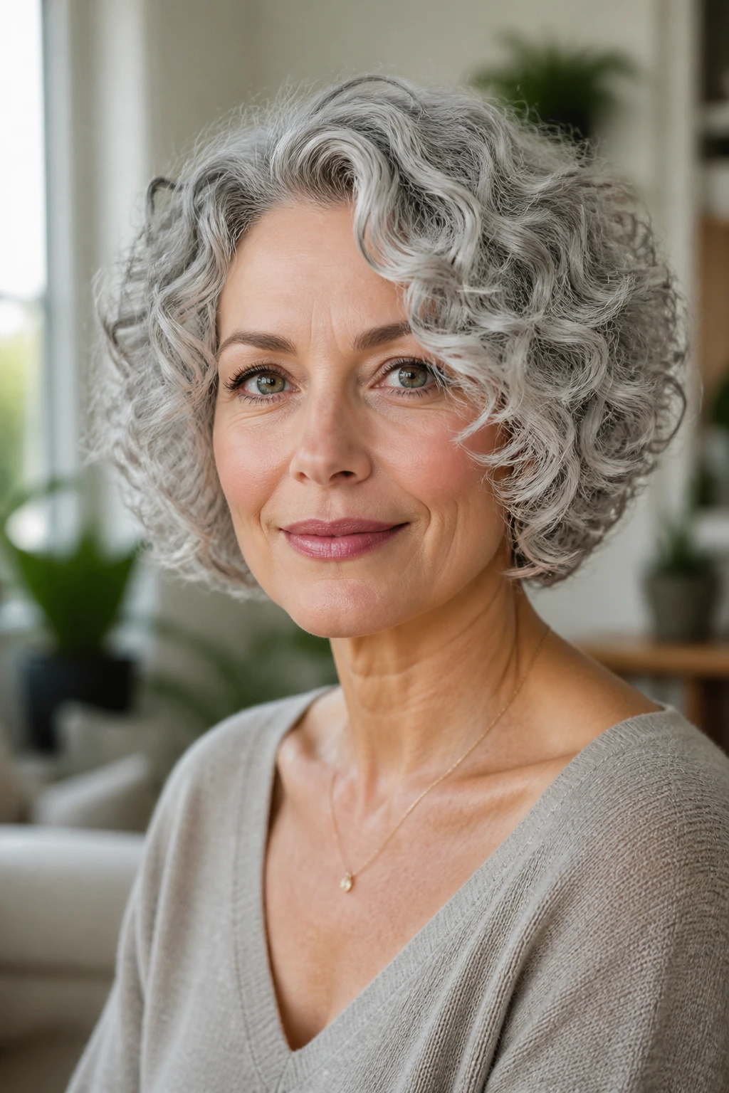 Close-up portrait of a real woman with curly silver bob