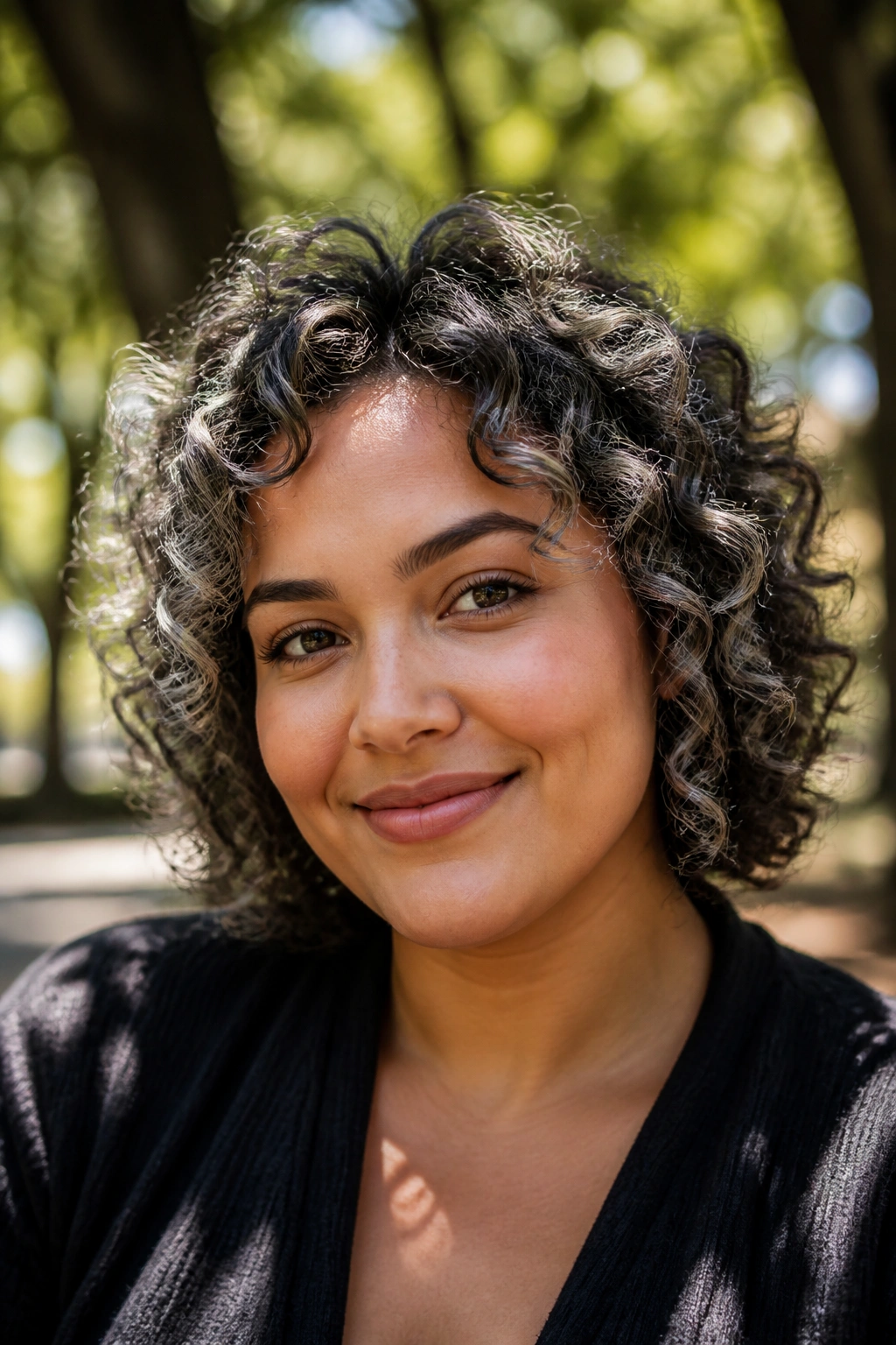 Close-up of curly hair with outer-ring silver highlights on a round face