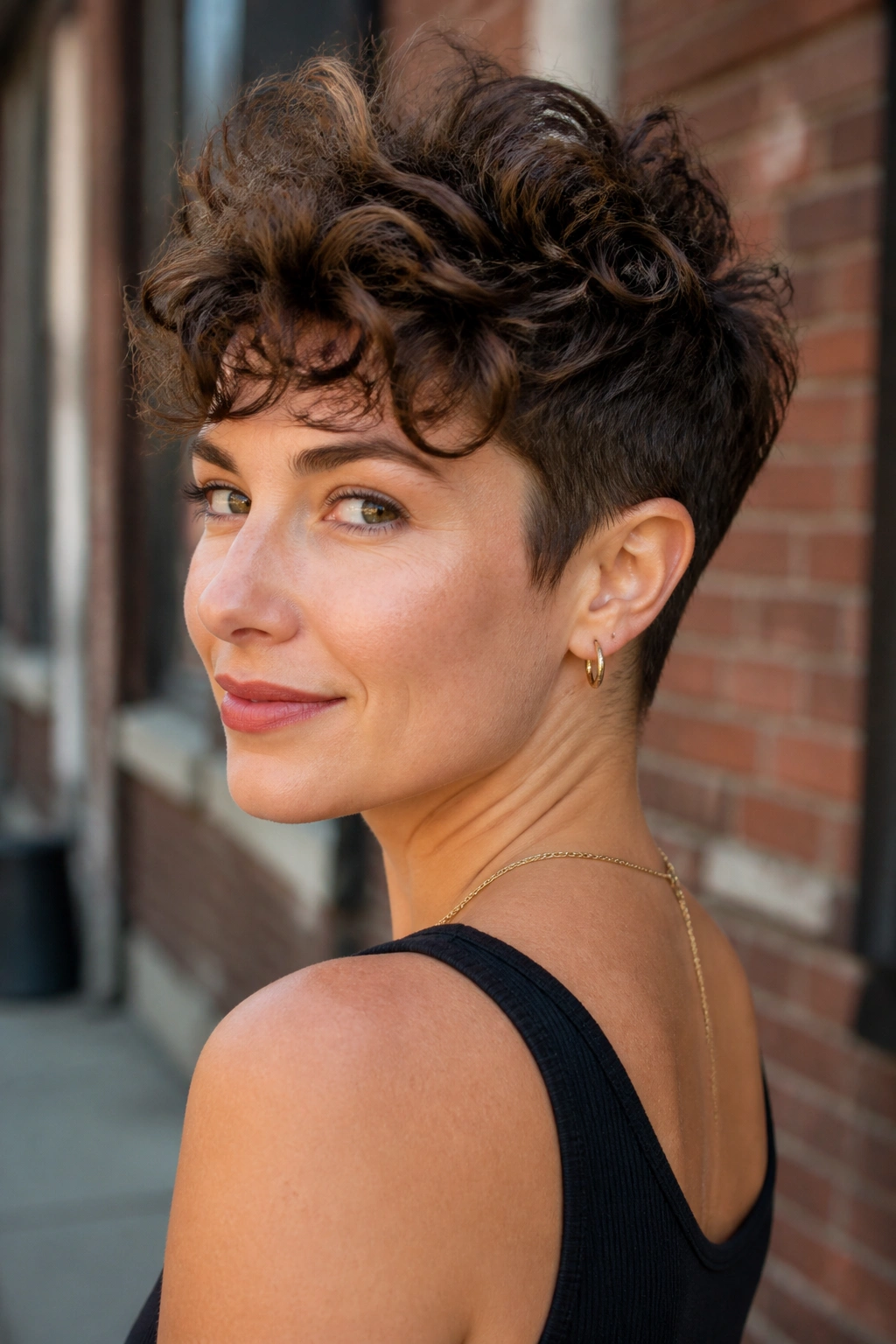Close-up portrait of a real woman with curly spiky pixie and tapered nape in natural light