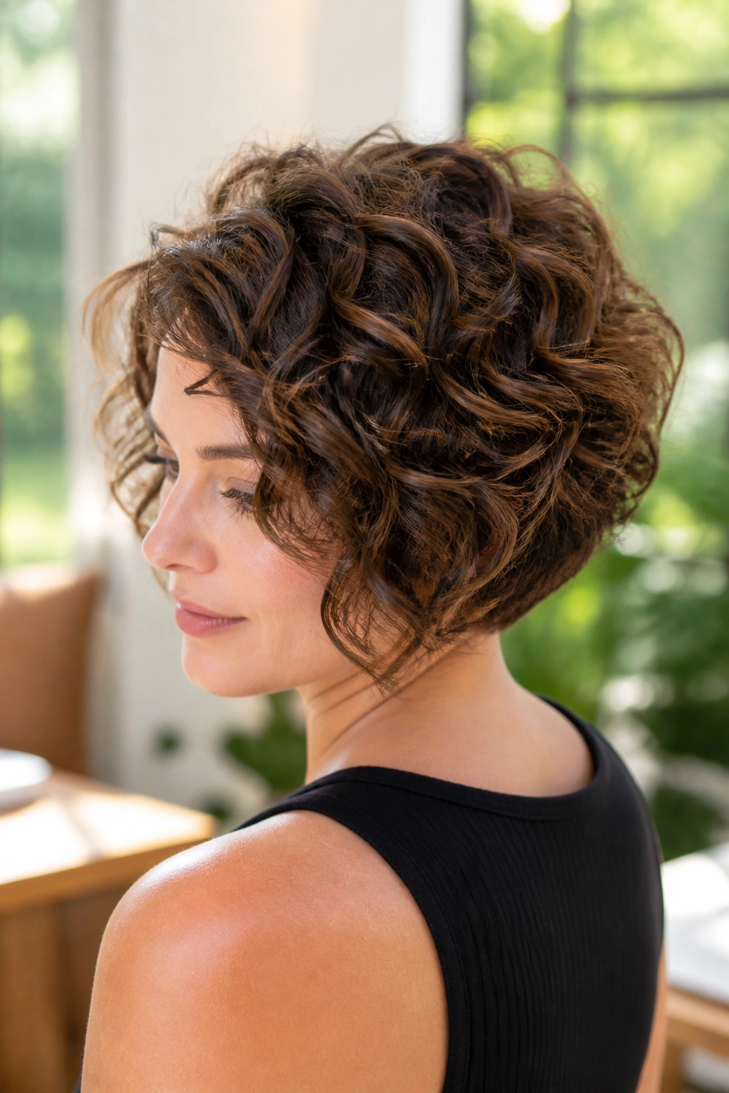 Real woman with curly stacked bob and rounded crown in daylight