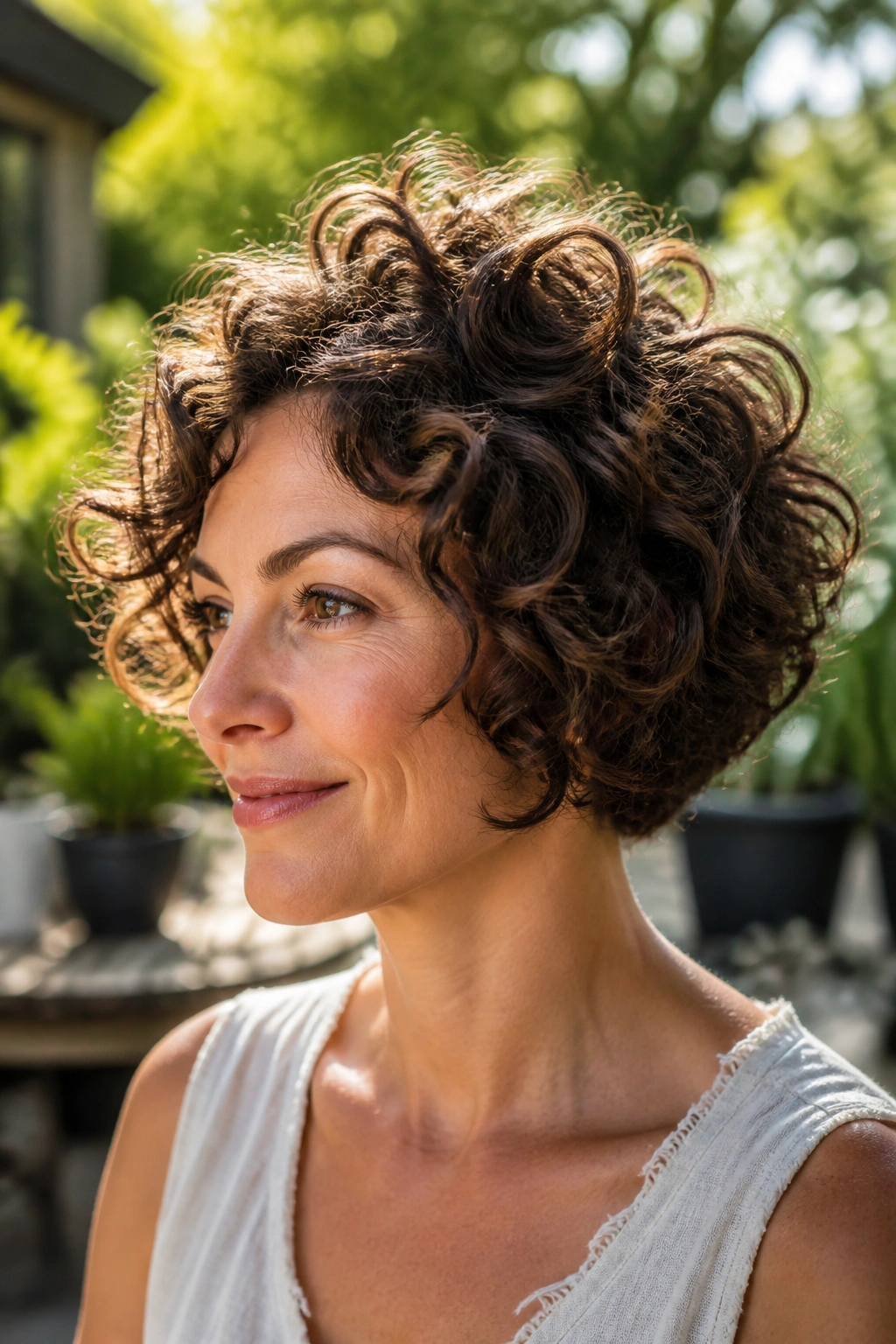 Portrait of a real woman with curly stacked bob and crown lift in natural light