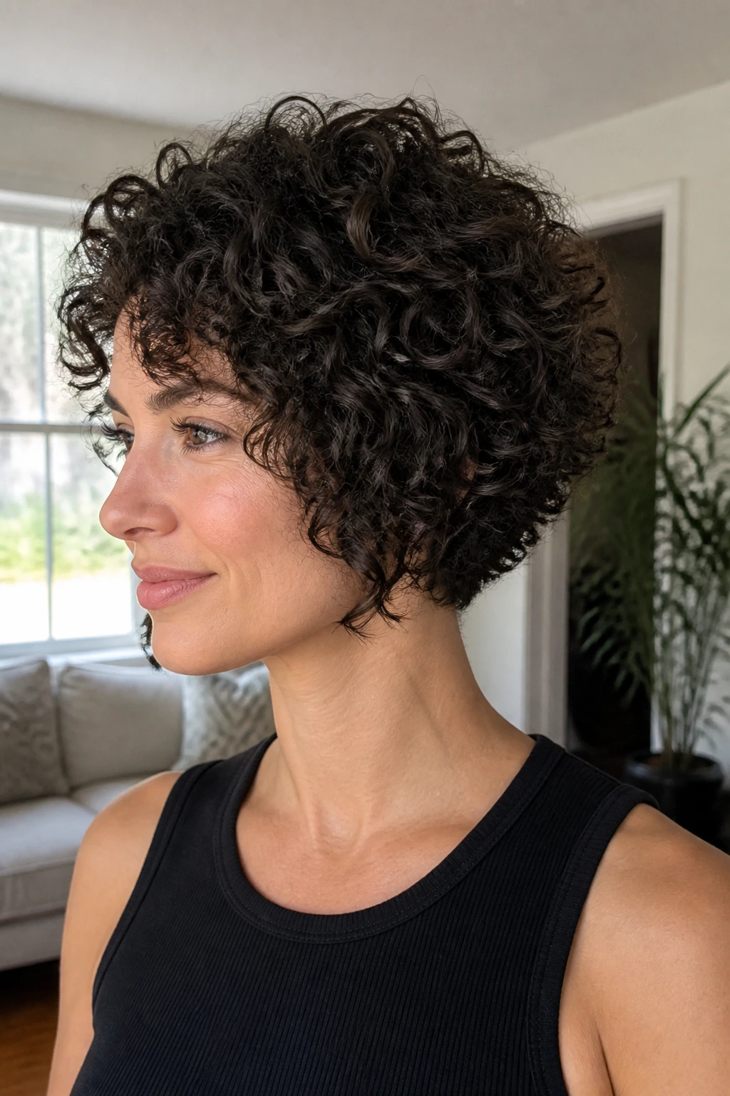 Close-up of a real woman with curly stacked bob, defined curls and curved silhouette in a sunlit room.